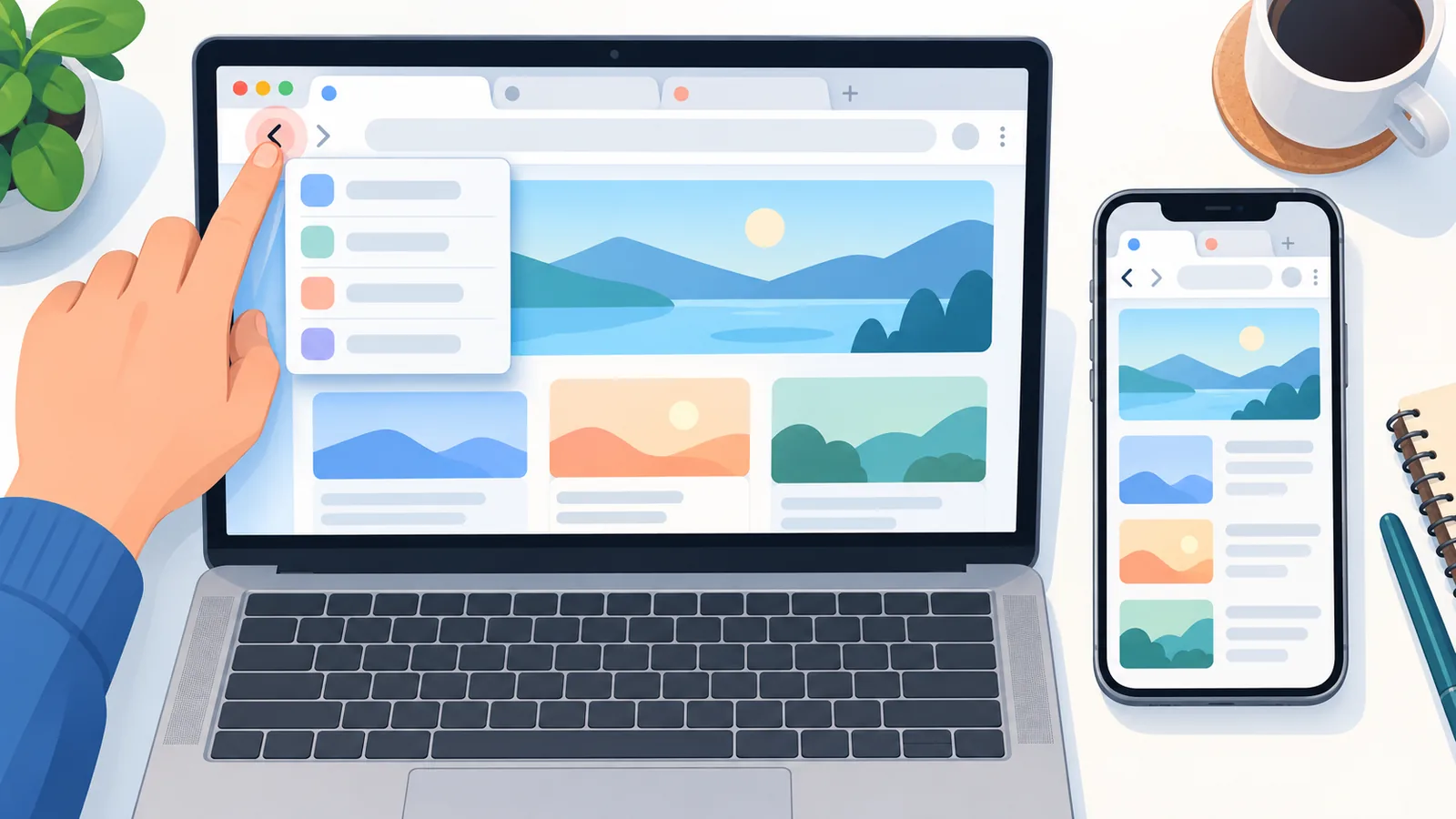 MacBook and iPhone side by side showing browser tabs