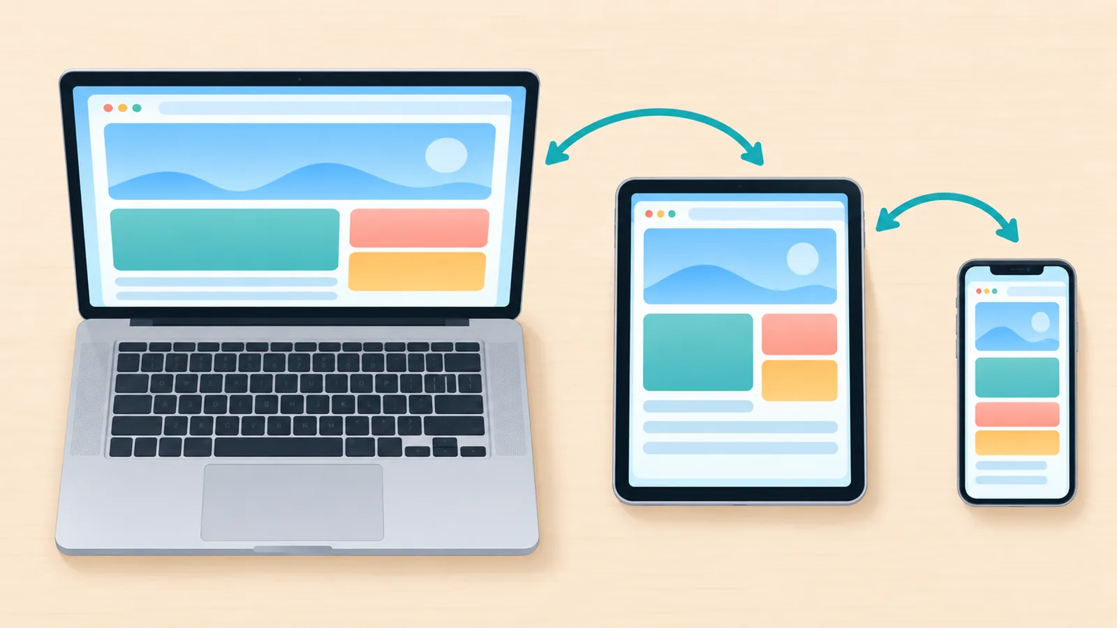 Mac, iPad and iPhone on a table showing synced browser pages