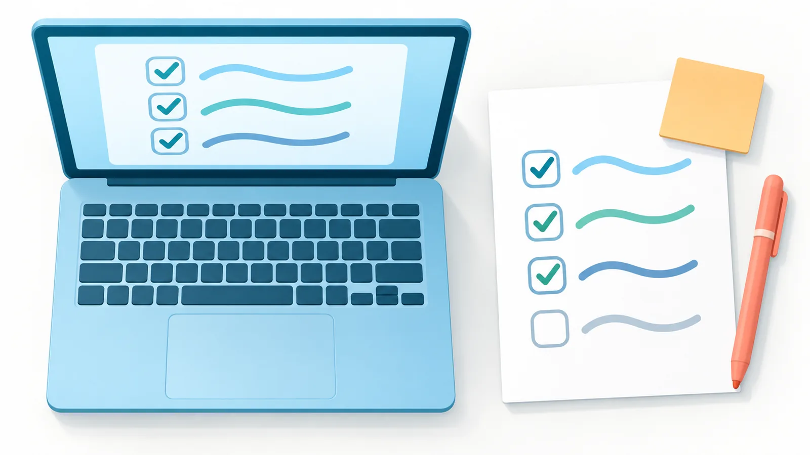 Laptop beside a handwritten checklist on a white desk