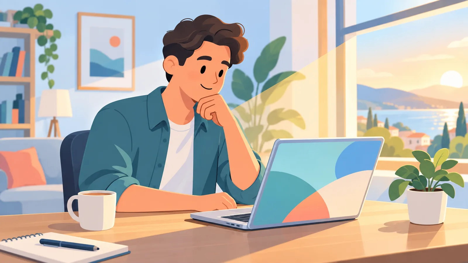Person thoughtfully reviewing answers on a MacBook at home