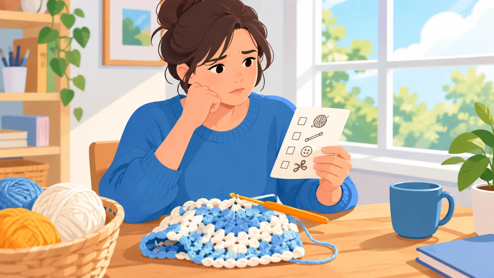 Crafter with a half-finished project and a supply list at a sunny table