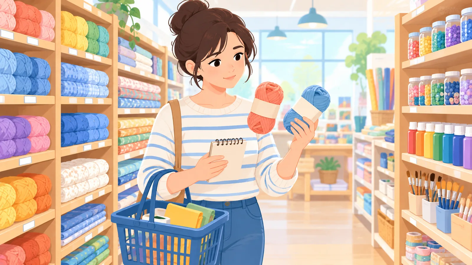 Shopper comparing supplies in a well-stocked craft store aisle