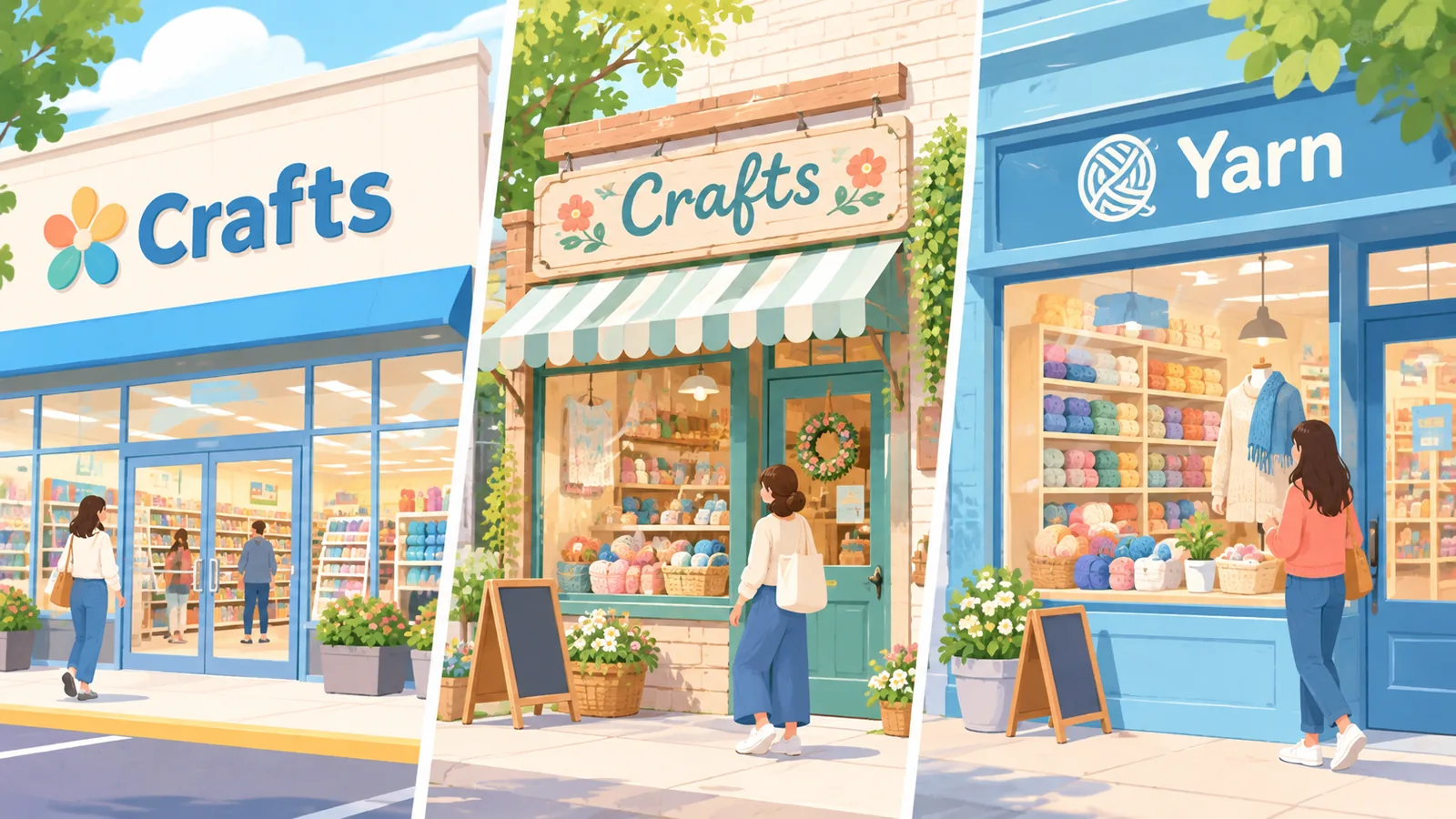 Big-box, independent, and specialty craft stores shown side by side