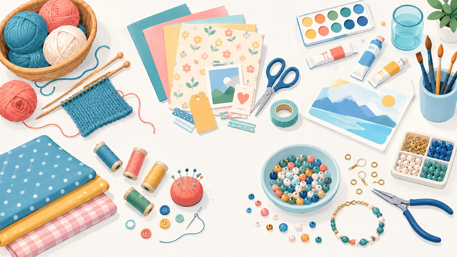 Craft supplies for different hobbies arranged on a worktable