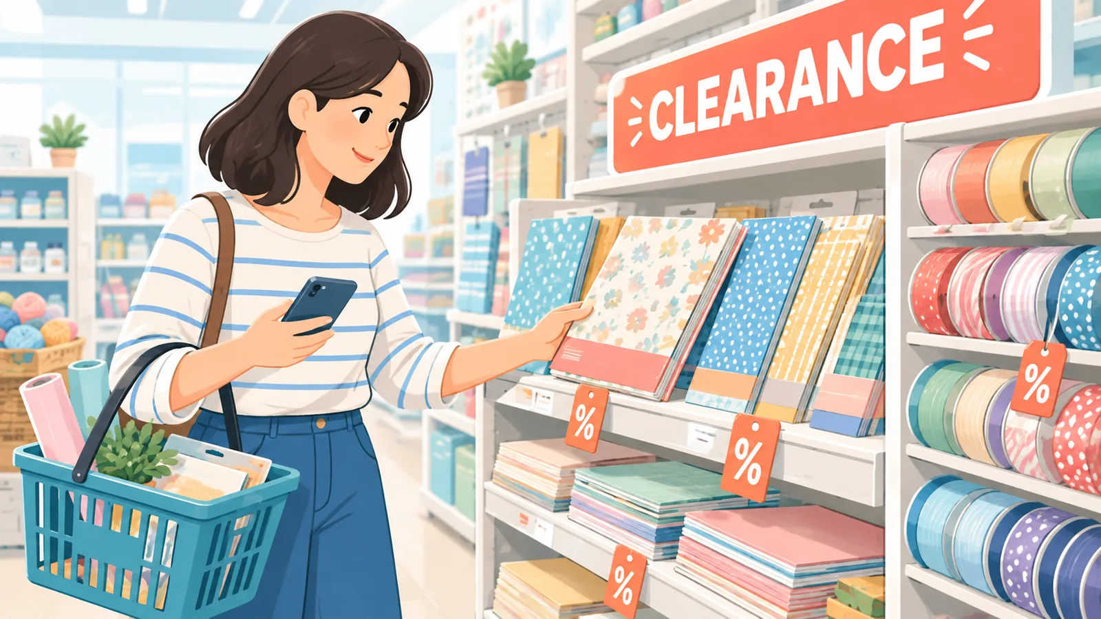 Shopper browsing a craft store clearance shelf with a basket