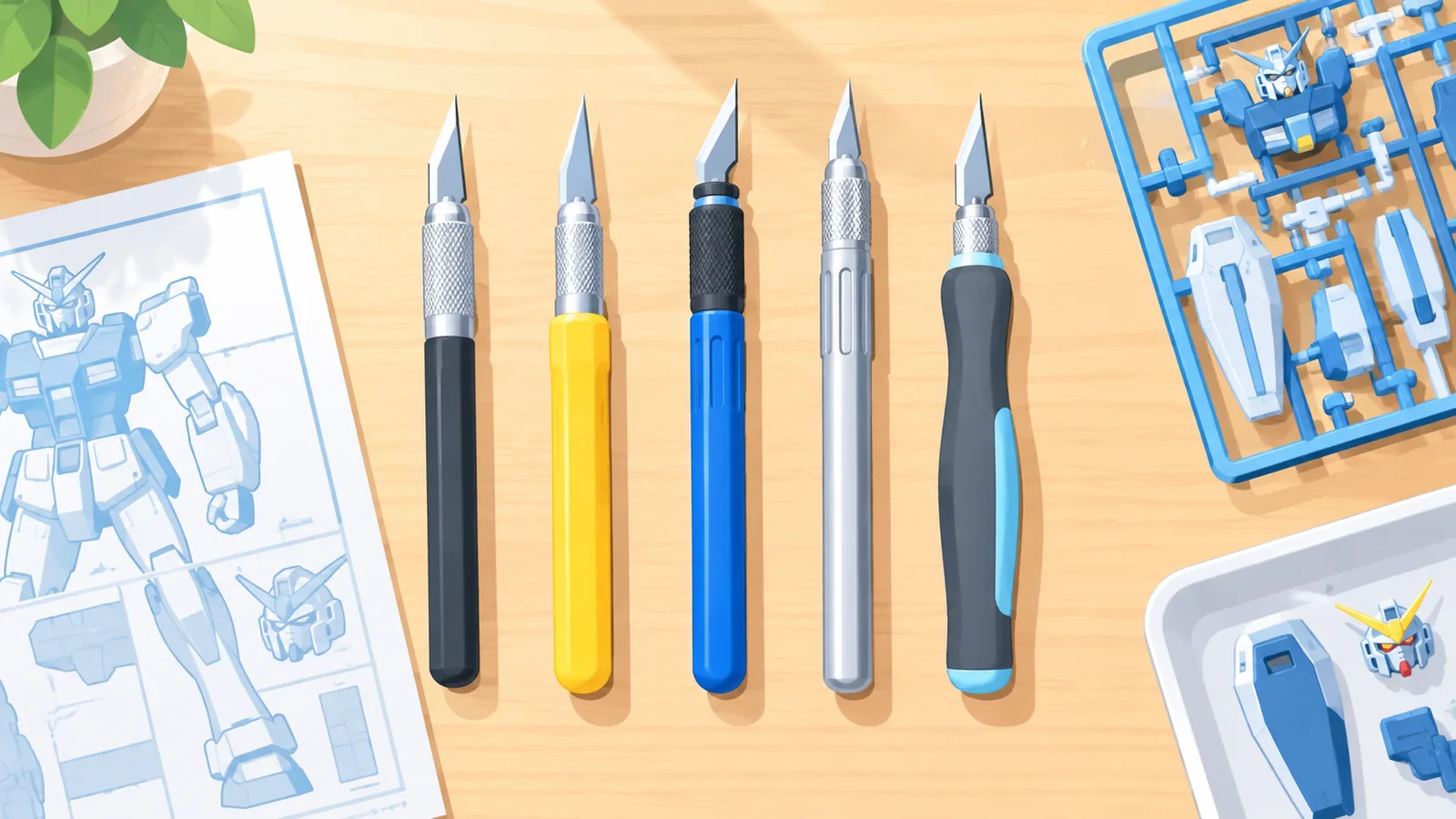 Five hobby knives arranged beside paper and a model kit