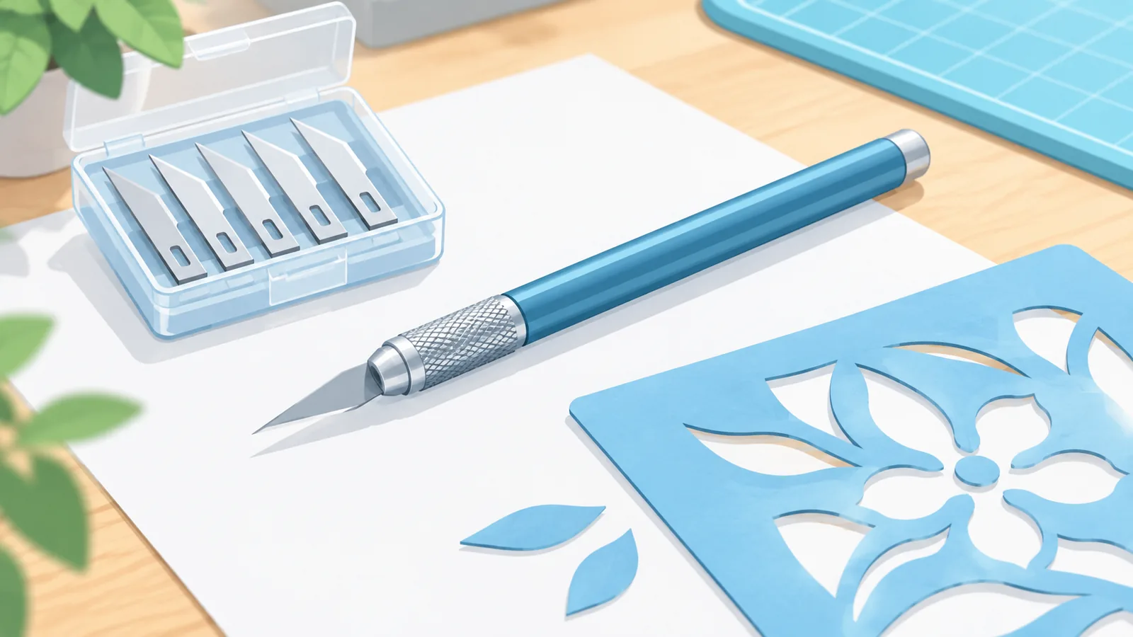 Pen-style art knife with a blade case on a paper stencil