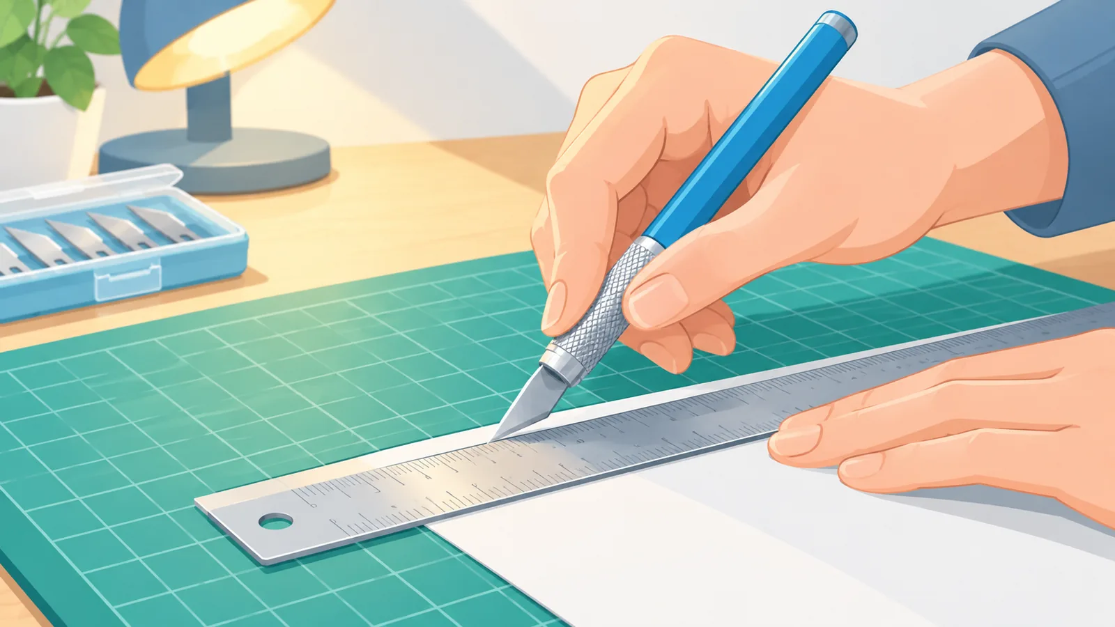 Hand using a non-slip grip hobby knife along a ruler