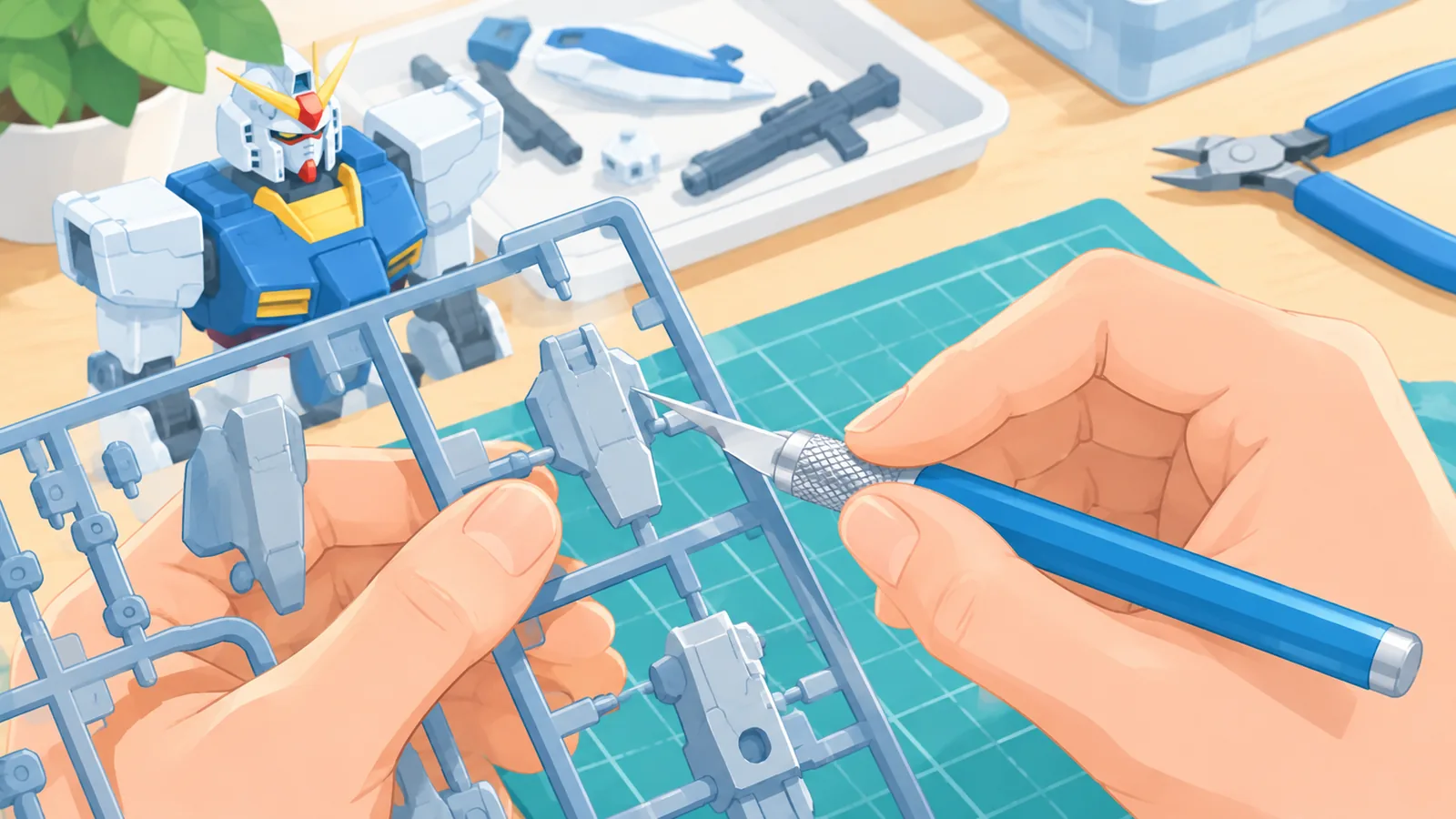 Trimming a plastic model part from a sprue with a hobby knife