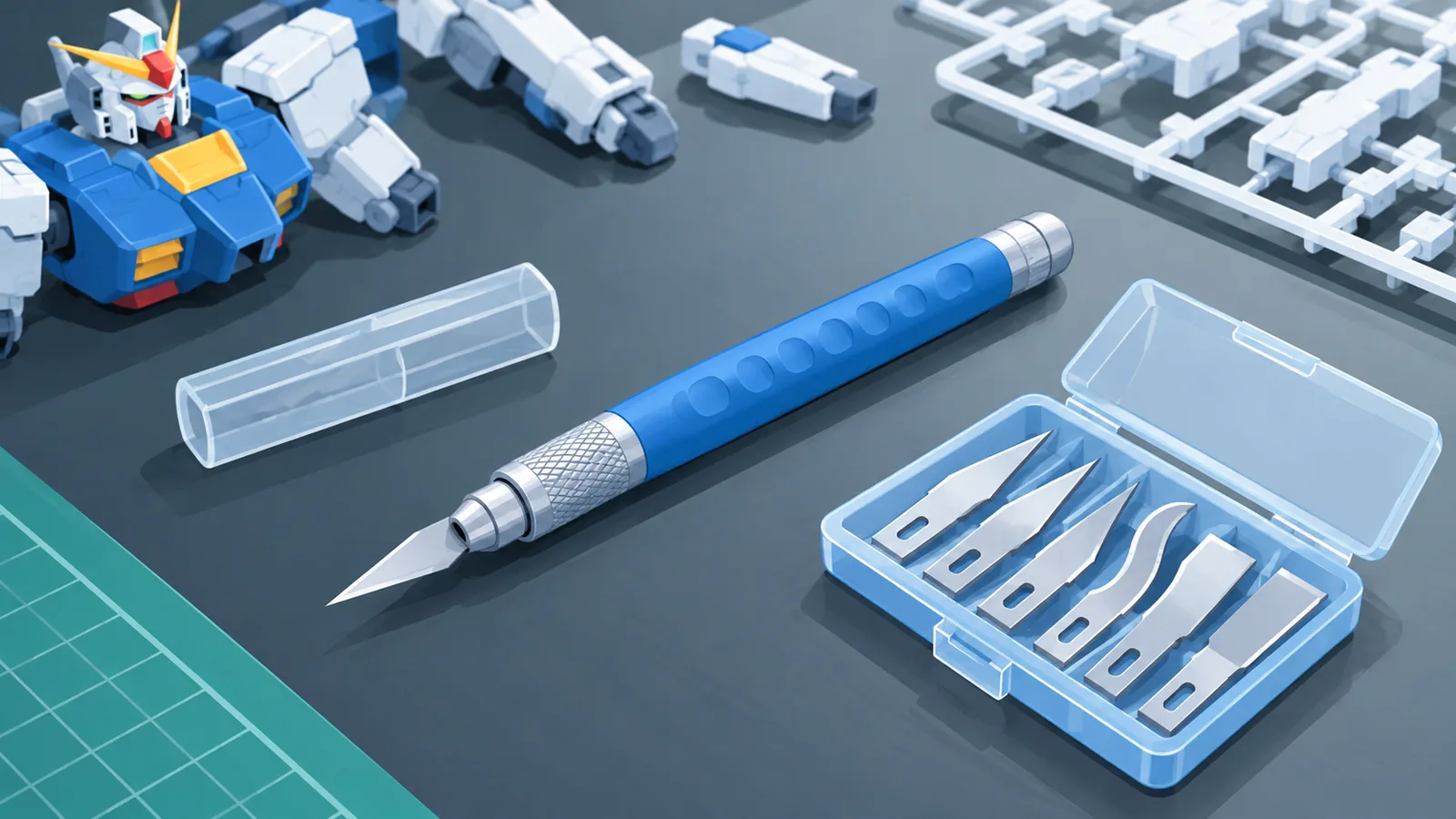 Modeler’s knife with cap and blade case beside a model in progress