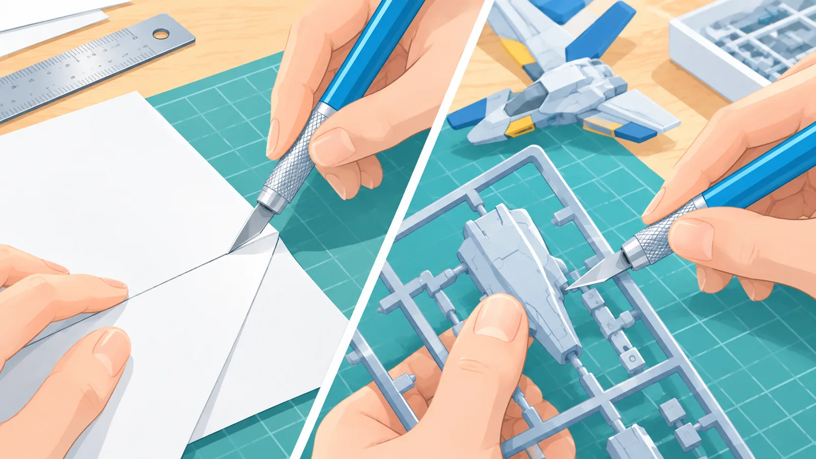Same hobby knife cutting paper and trimming plastic