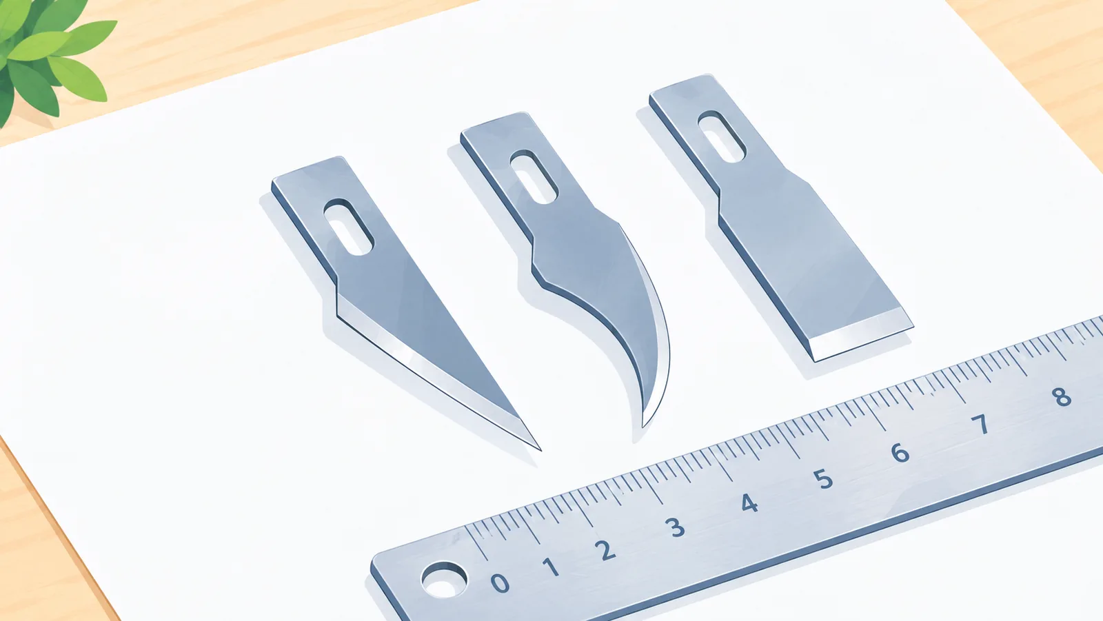 Straight, curved and chisel hobby knife blades compared