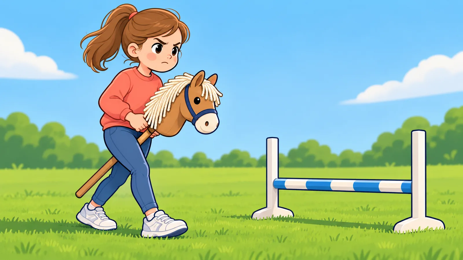 Child with a hobby horse standing on a lawn in front of a low jump