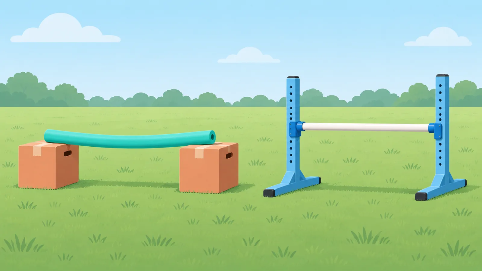 DIY hobby horse jump next to a ready-made adjustable jump