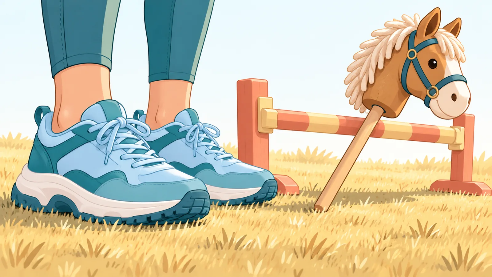 Non-slip sneakers on dry grass next to a low jump