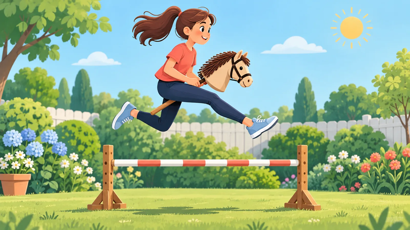 Rider clearing a low pole on a hobby horse