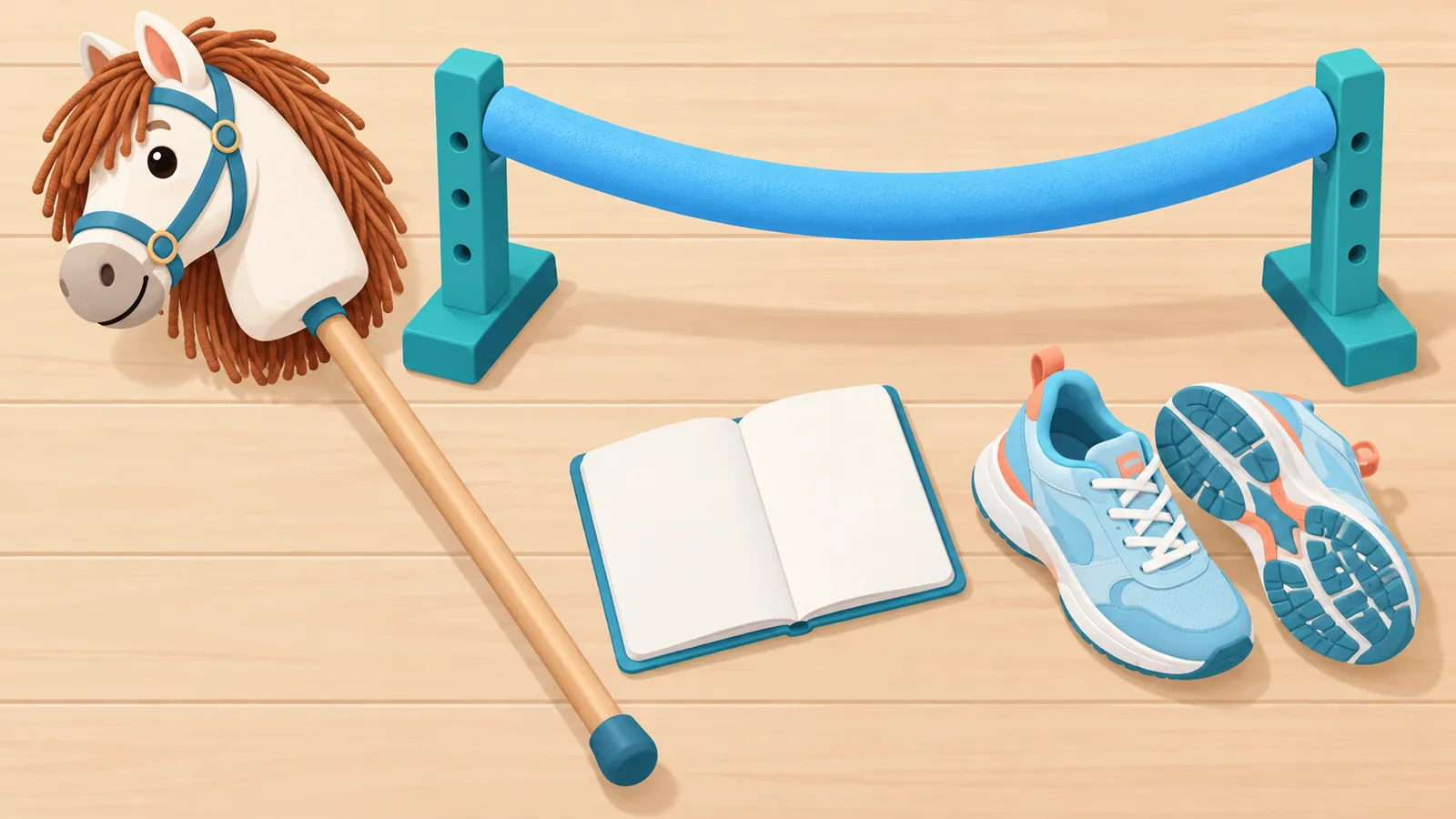 Hobby horse, pool noodle, sneakers and notebook on a table