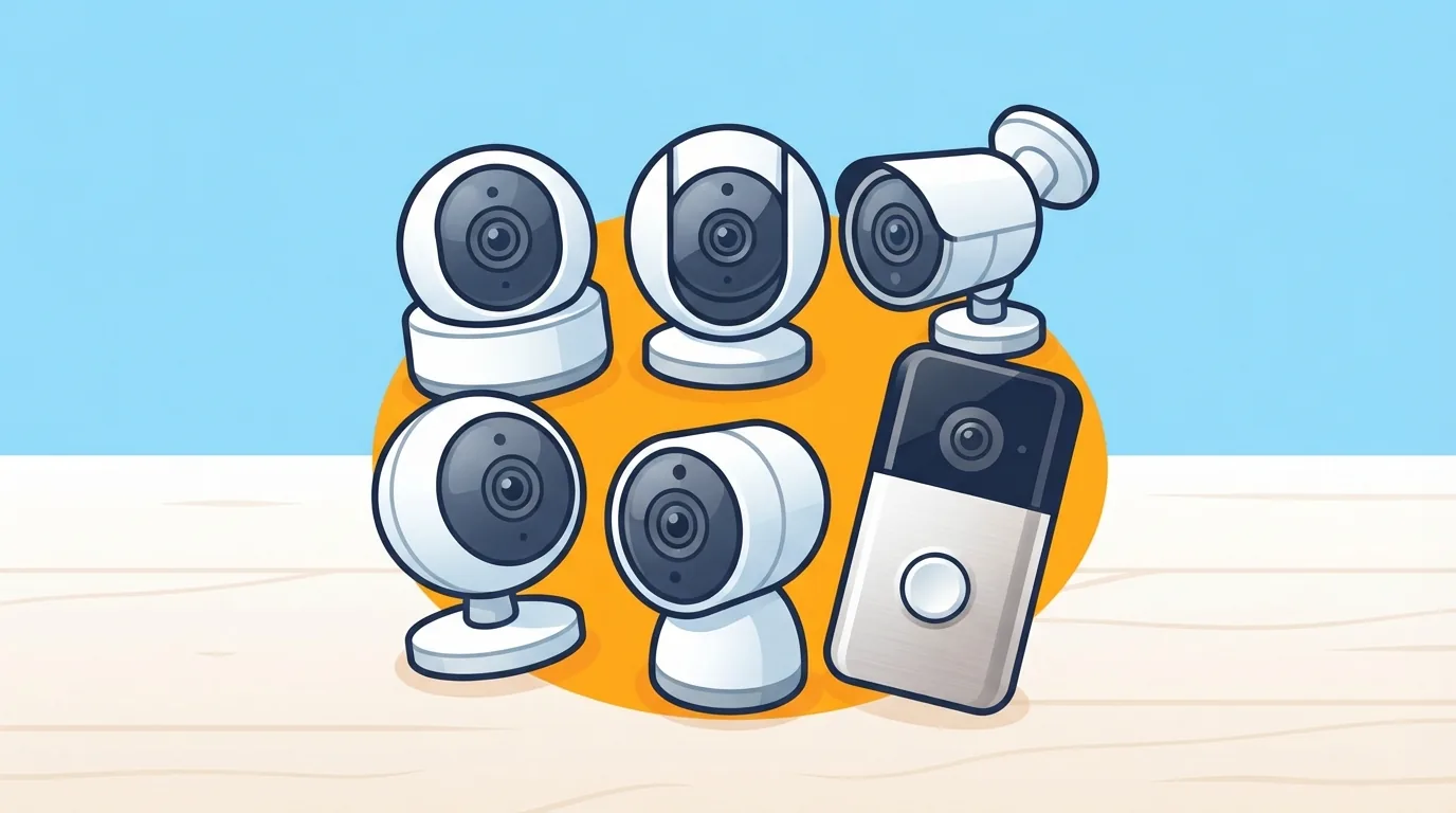 Five security cameras and a video doorbell laid out on a wooden table