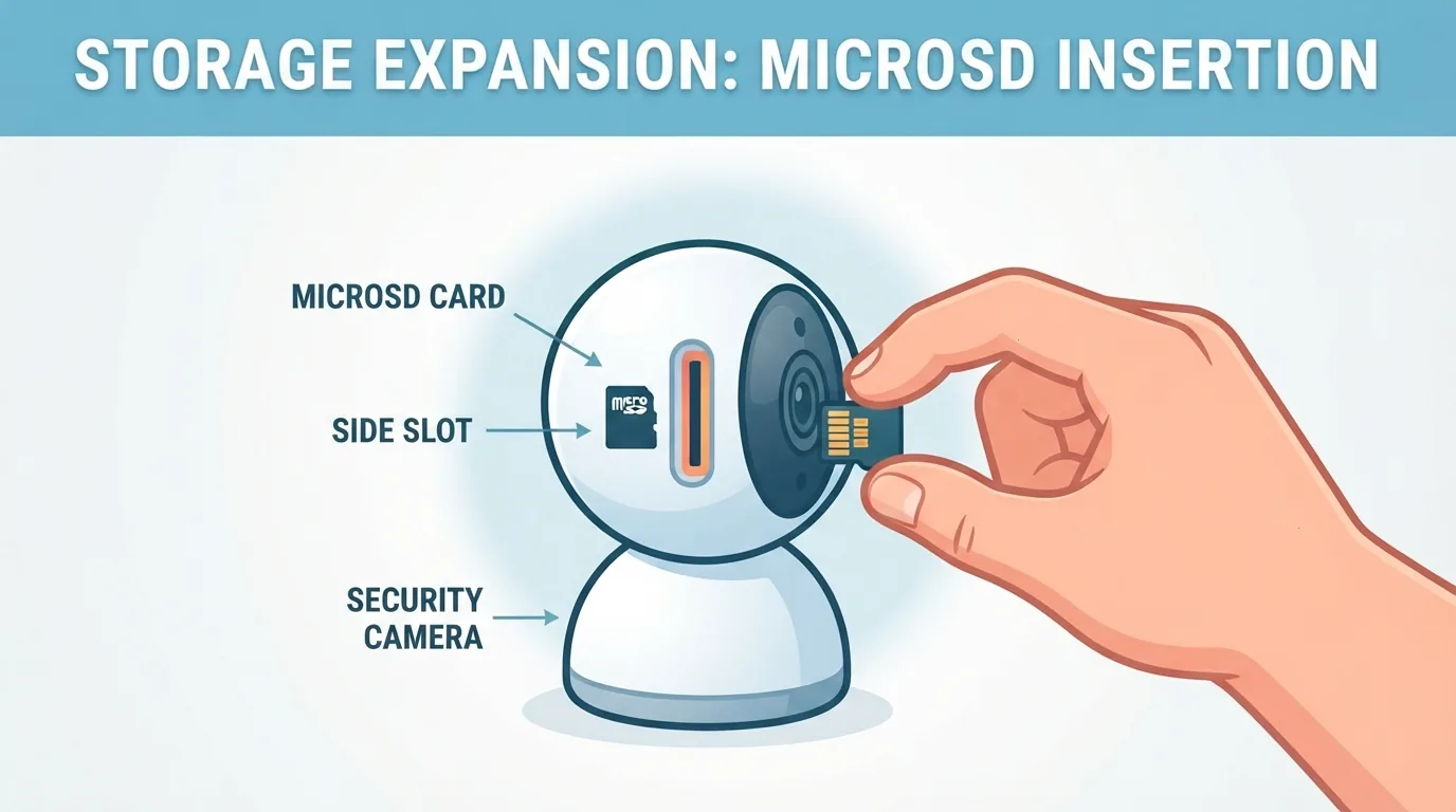 Hand inserting a microSD card into a security camera