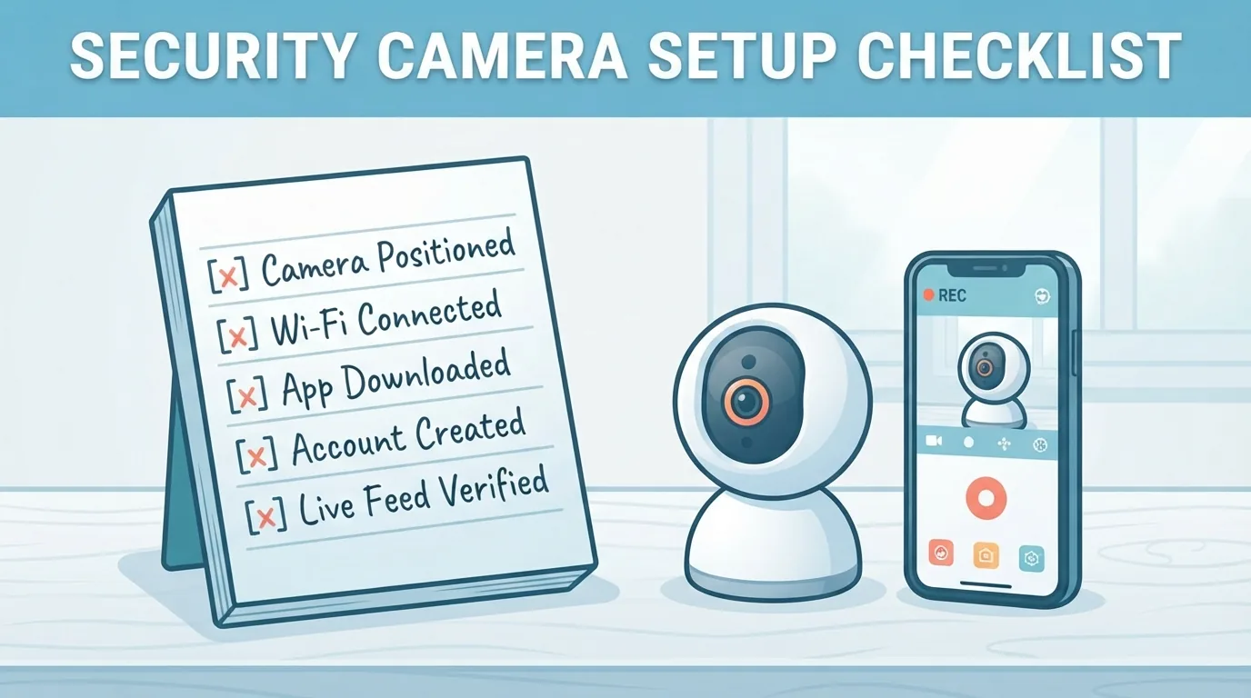 Checklist beside a security camera and smartphone