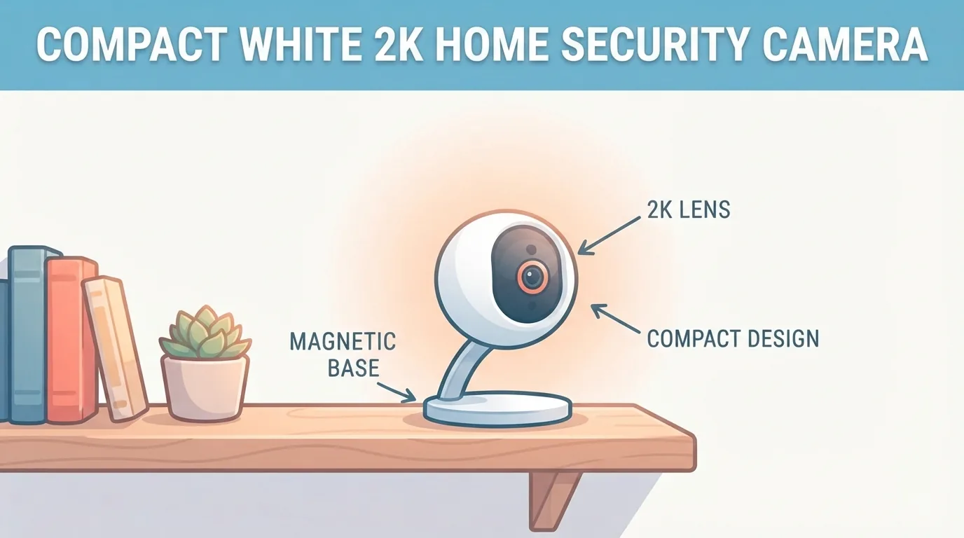 Compact security camera on a living room shelf