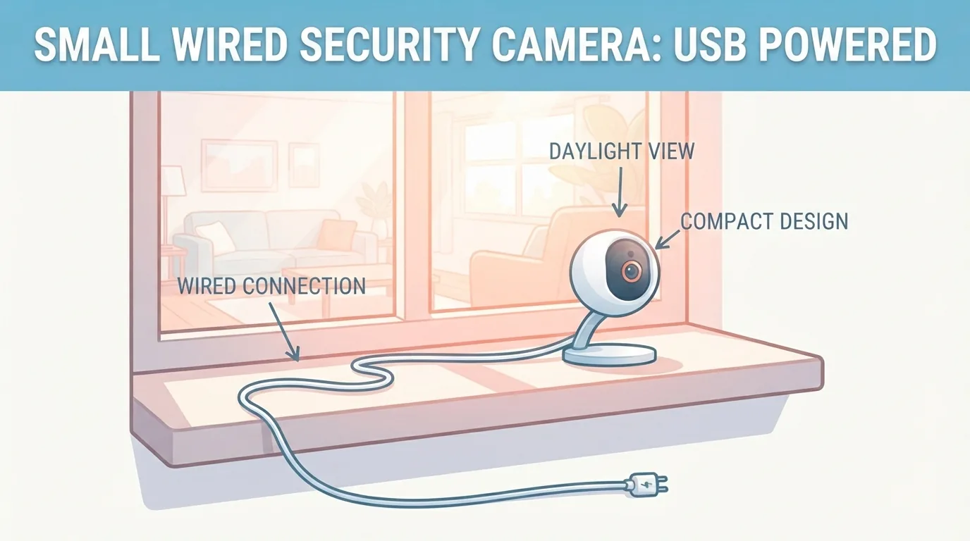 Wired budget camera on a window sill