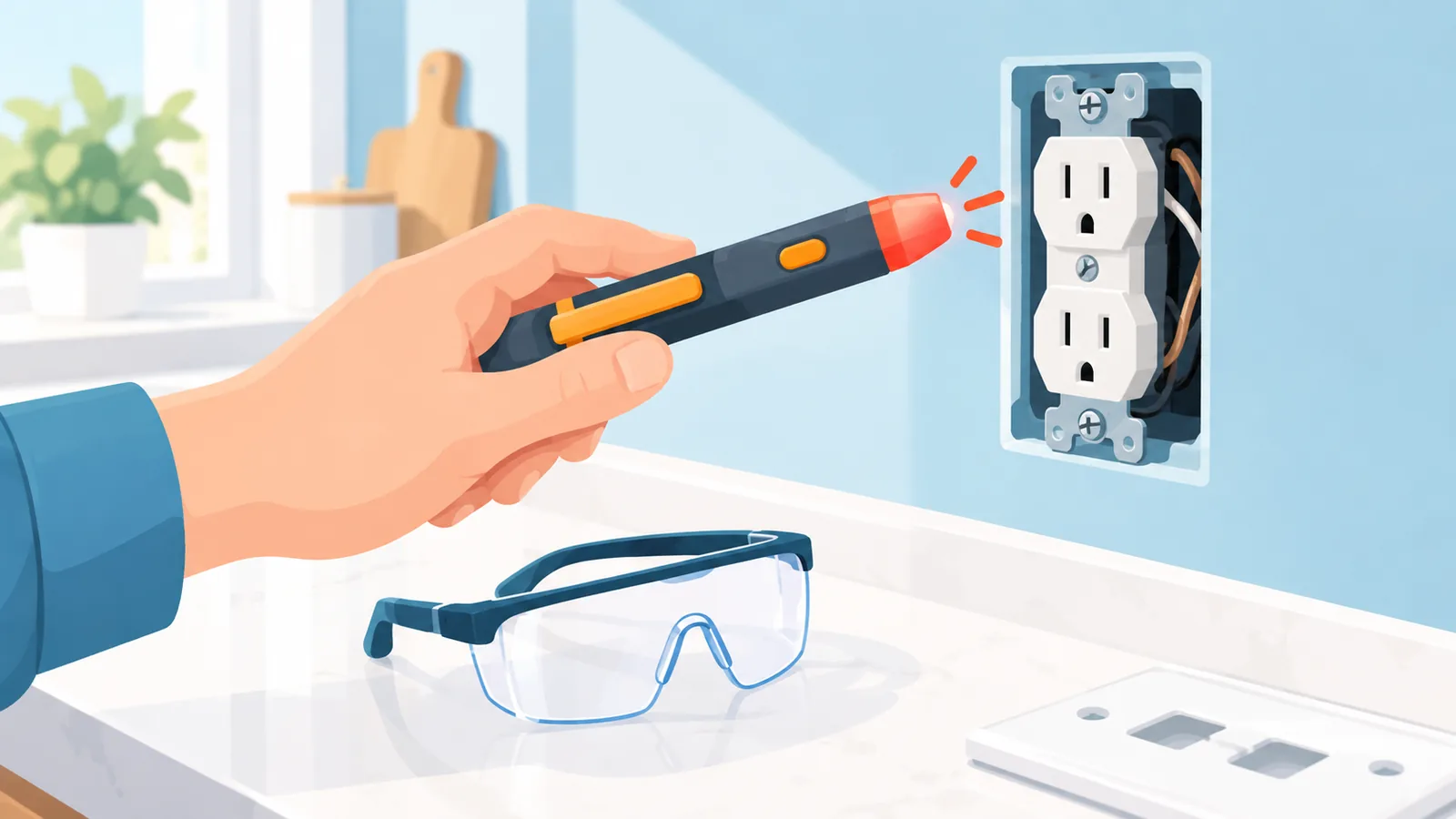 Testing a kitchen outlet with a circuit tester before tiling