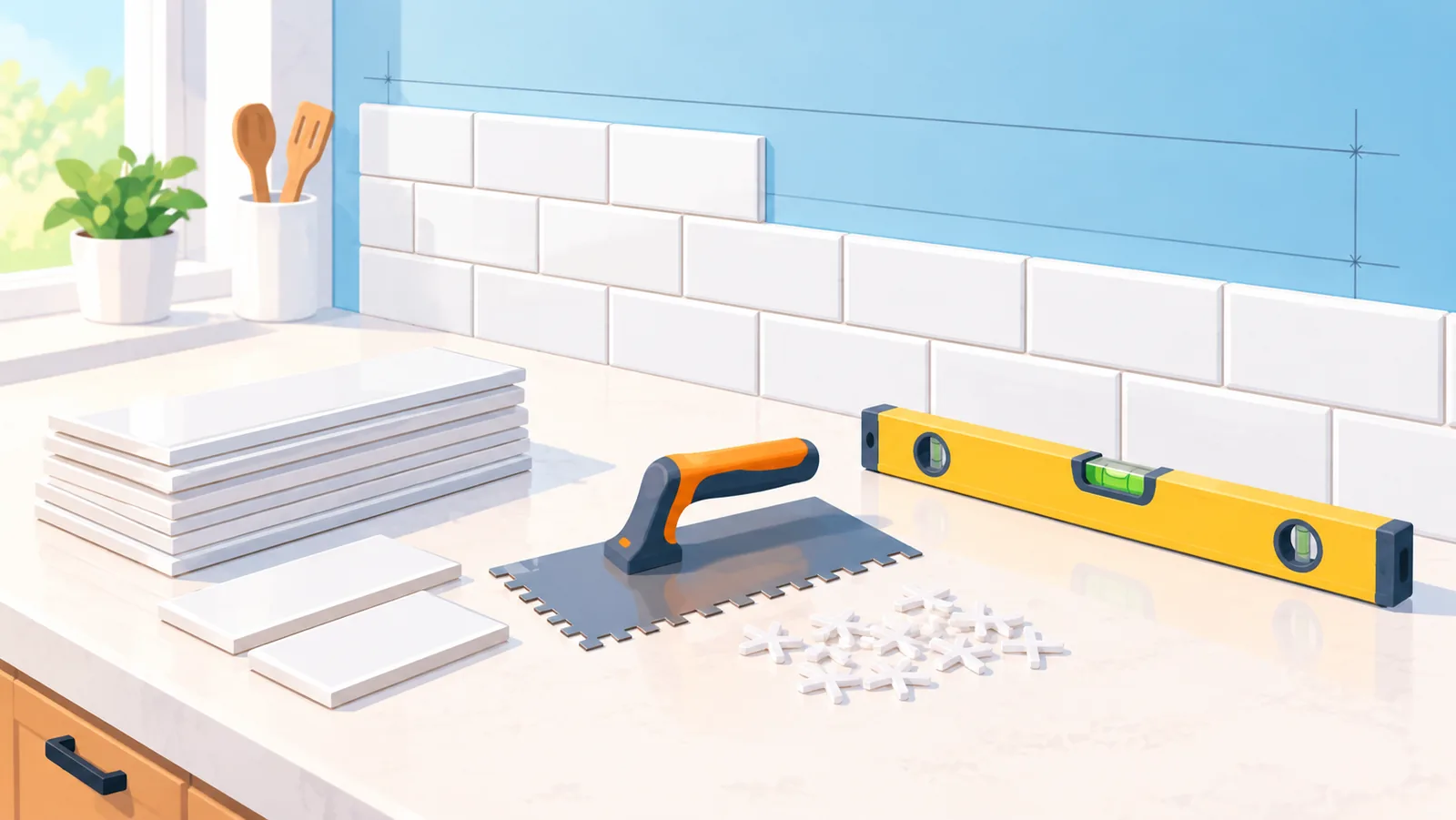 Dry layout of subway tile with pencil reference lines on a kitchen wall