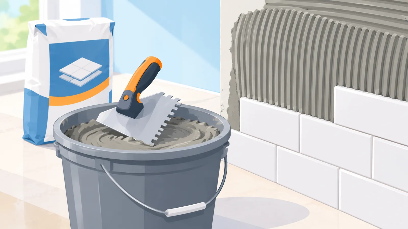 Mortar and notched trowel ready for backsplash tile
