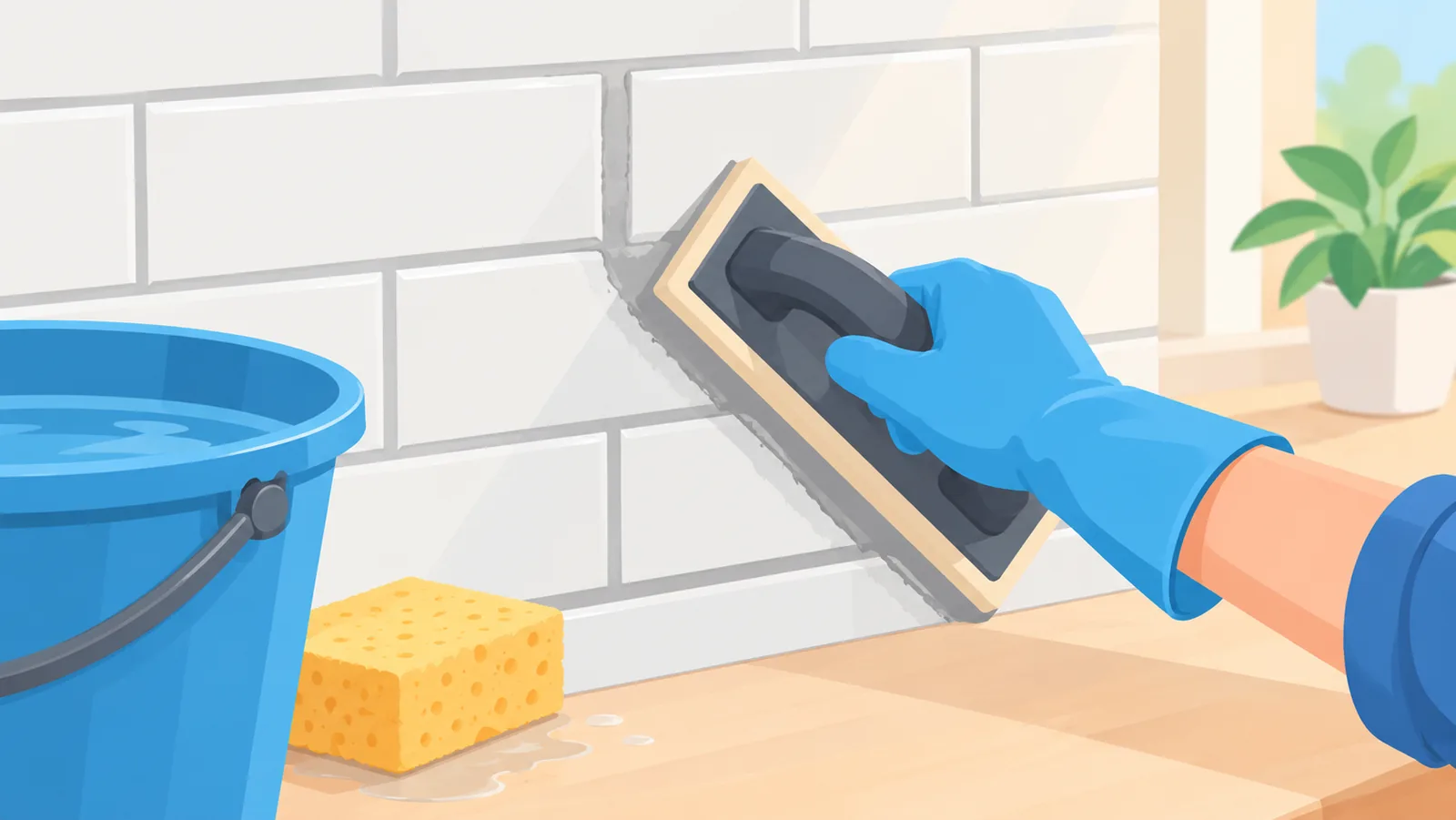 Pushing grout diagonally across backsplash tile joints