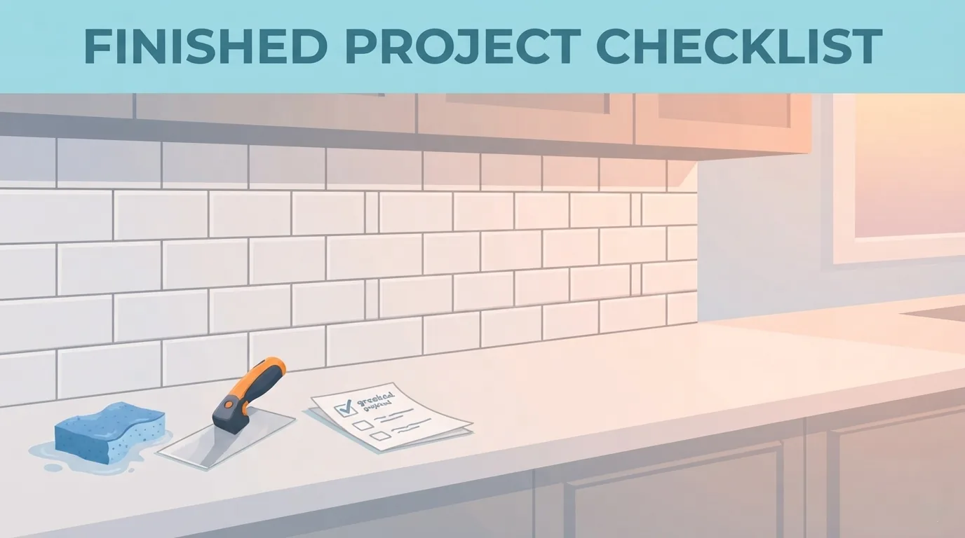 Finished backsplash with a final checklist and cleanup tools