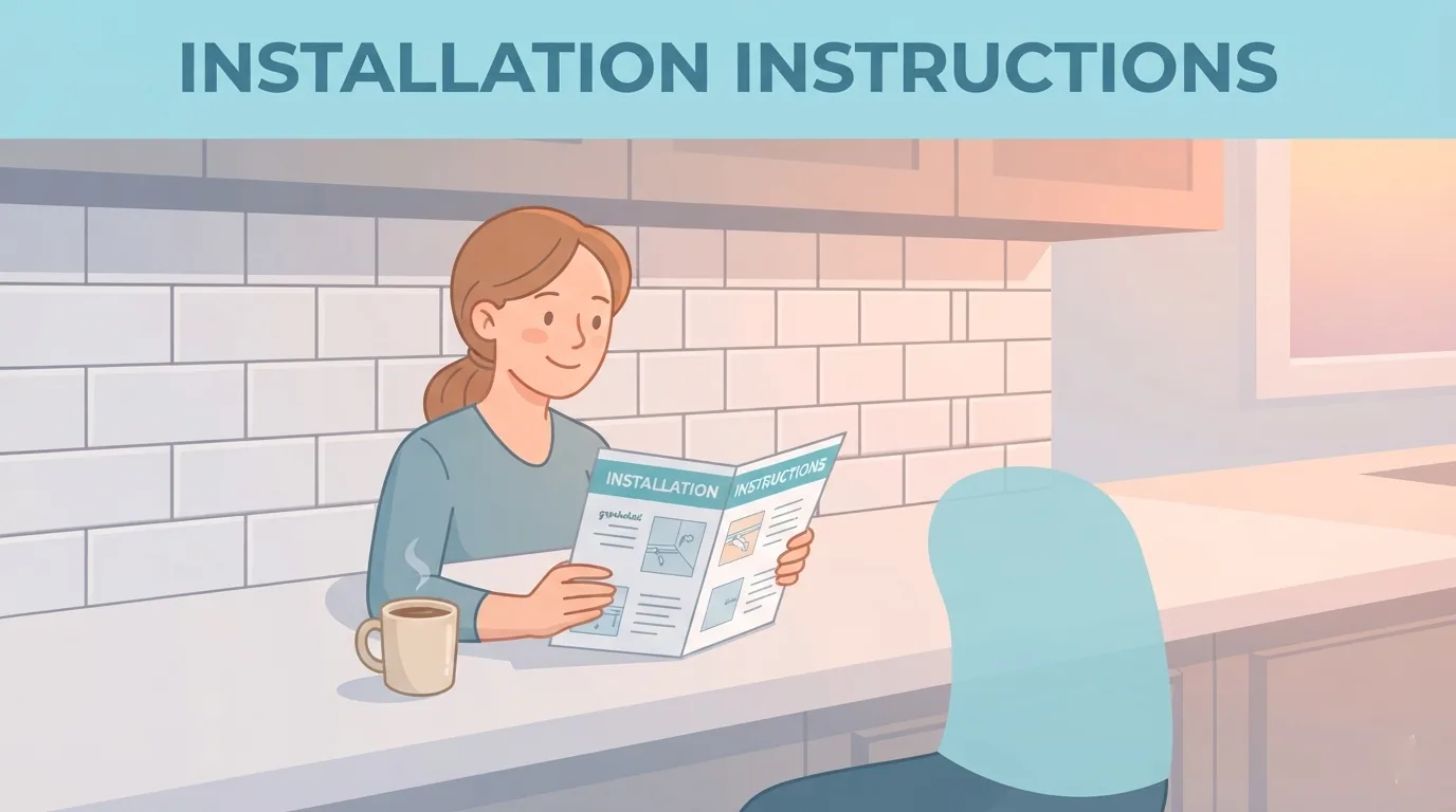 Homeowner reviewing product instructions beside a finished backsplash