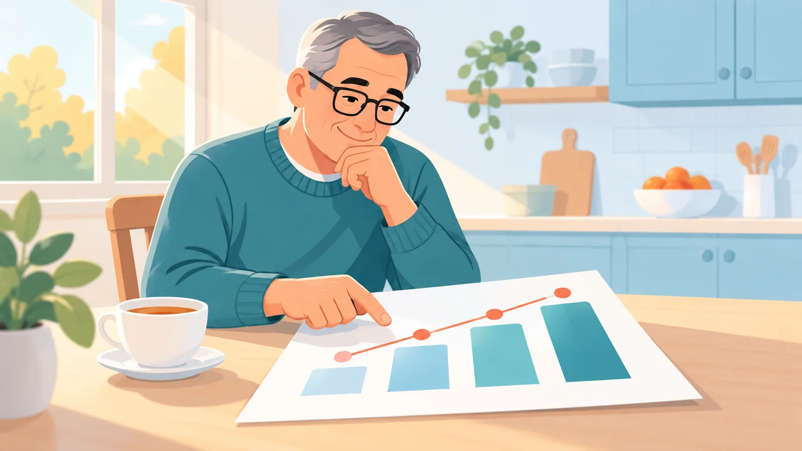 Person reviewing an investment statement at a kitchen table