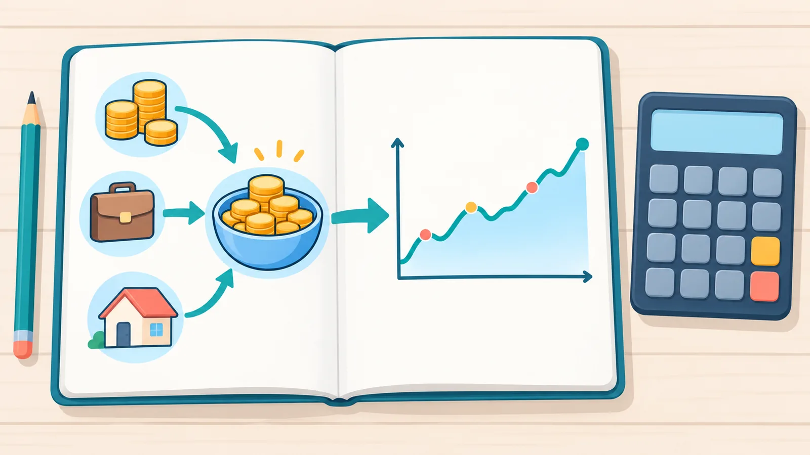 Notebook sketch of income arrows and a stock chart on a desk