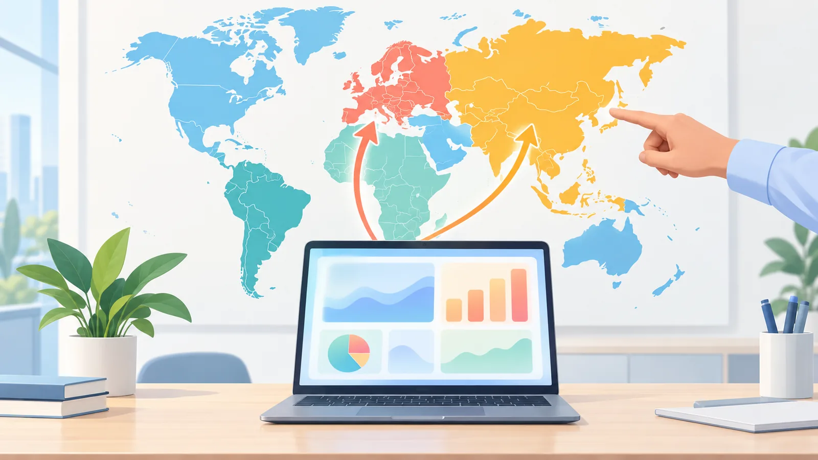 Hand pointing to a world map beside a laptop with a fund page