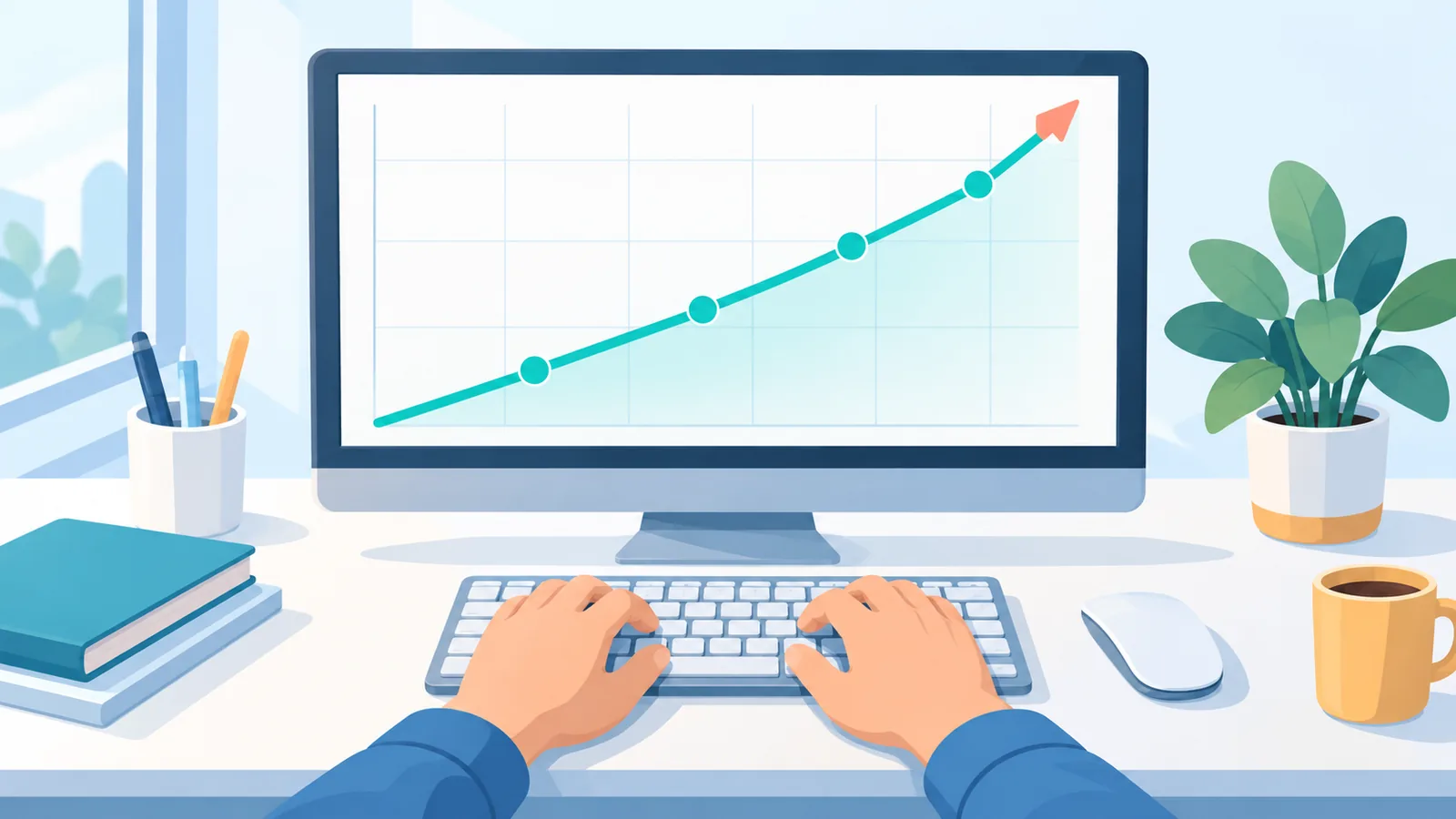 Monitor showing a rising line chart in a modern workspace