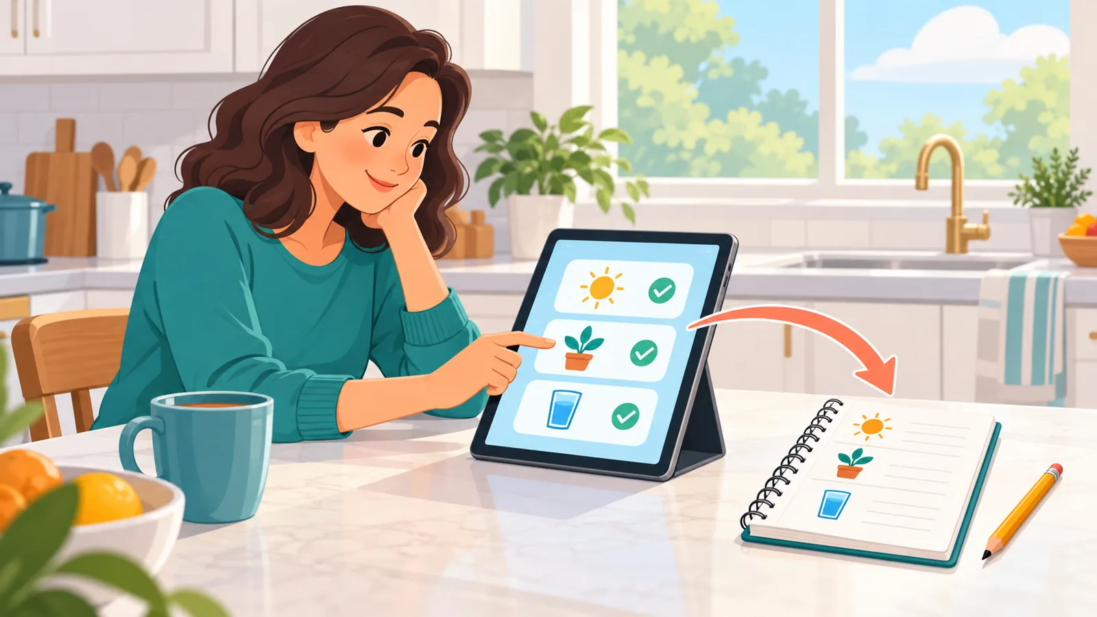 Person reading answers on a tablet at a kitchen counter