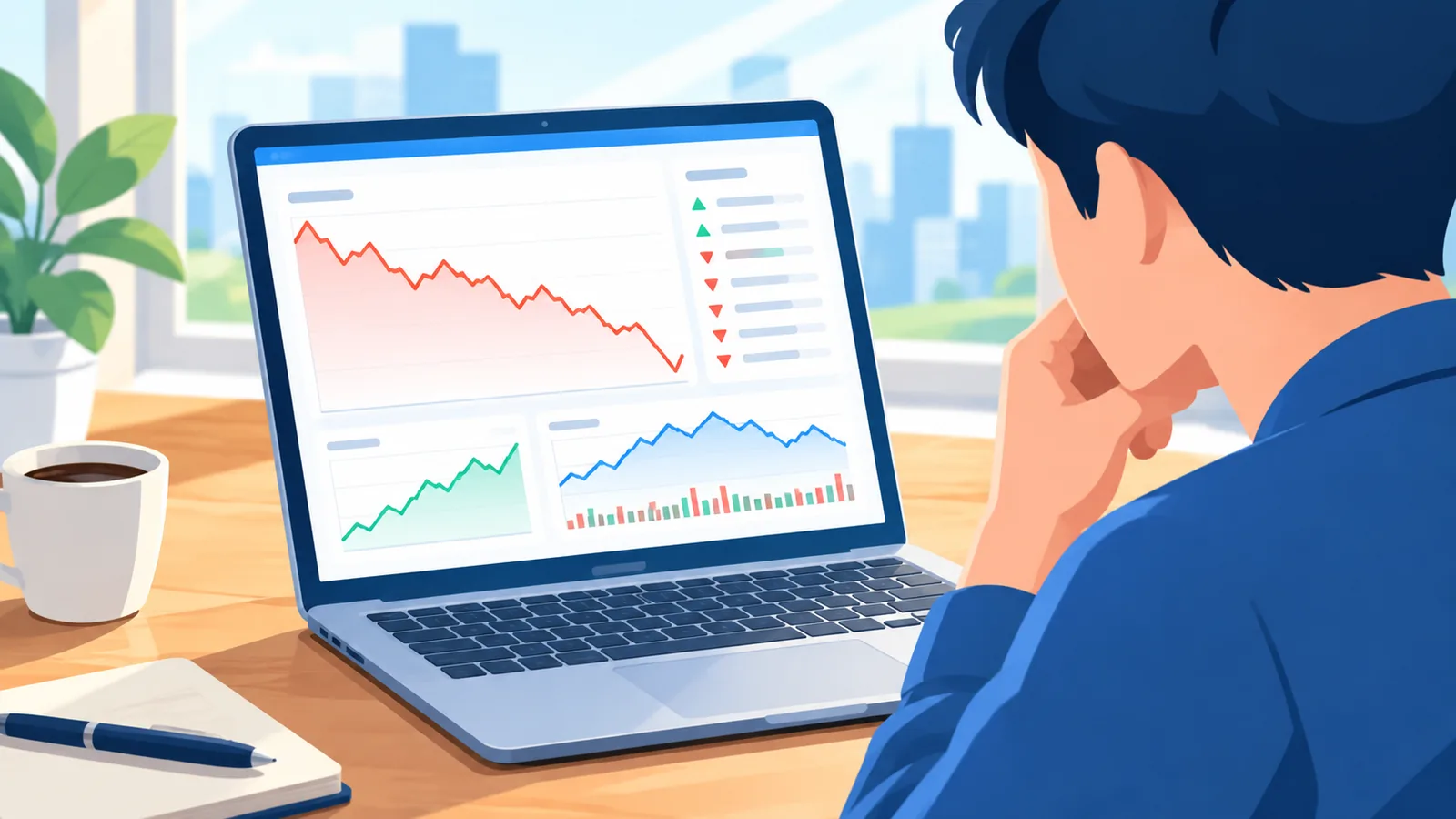 Laptop screen showing a stock market dashboard on a desk