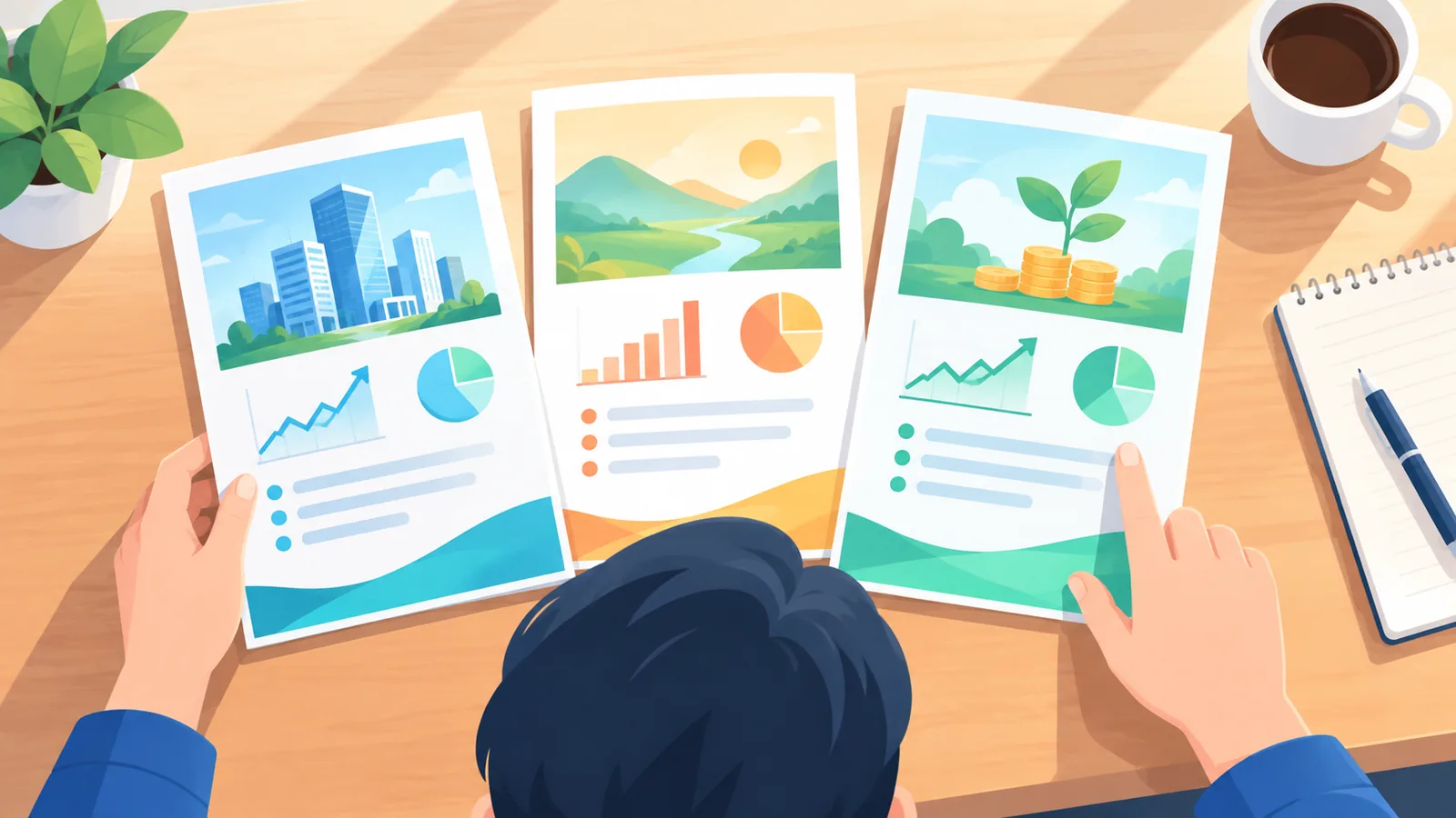 Person comparing three investment brochures on a table