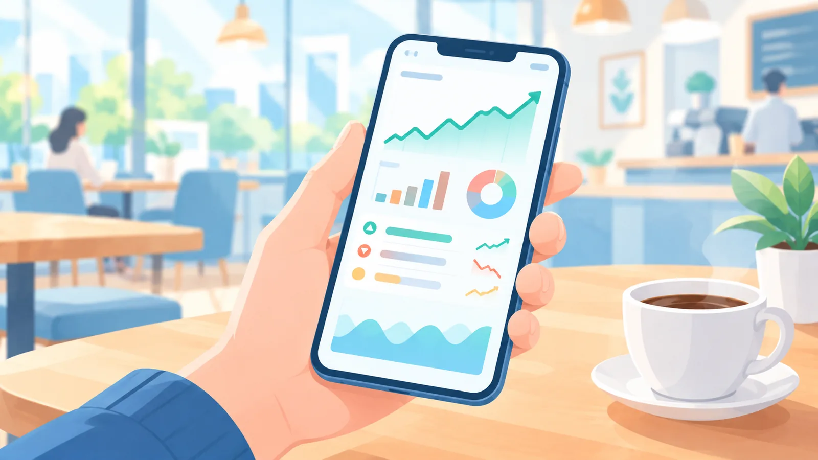Hand holding a phone with an investing app open