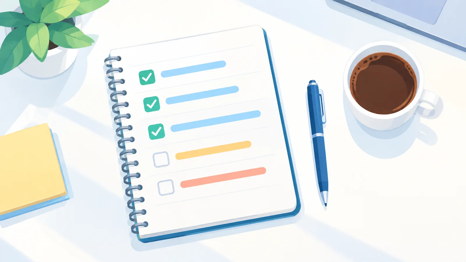 Notebook checklist with a pen and coffee on a desk