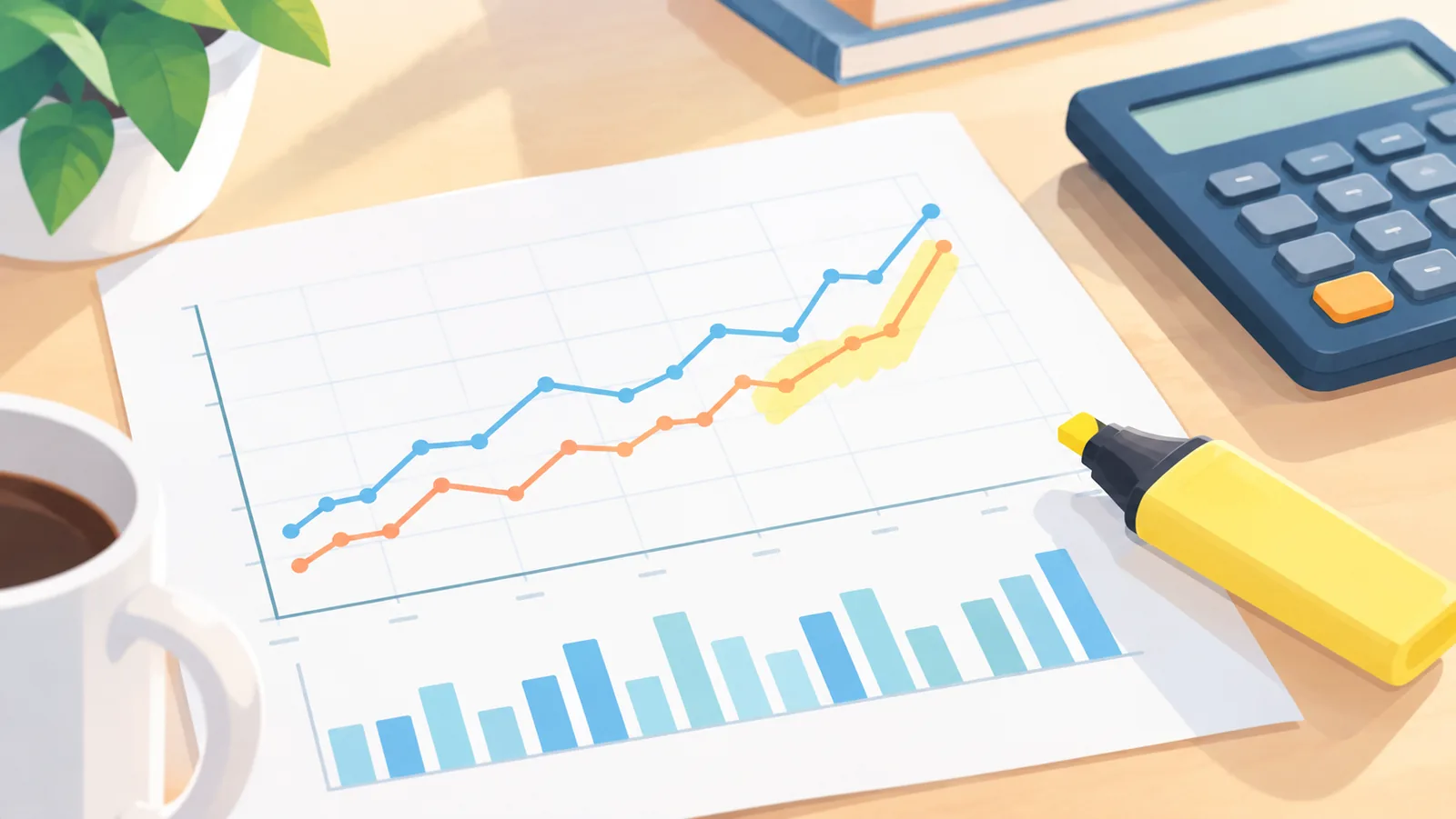 Printed line chart with a highlighter and calculator