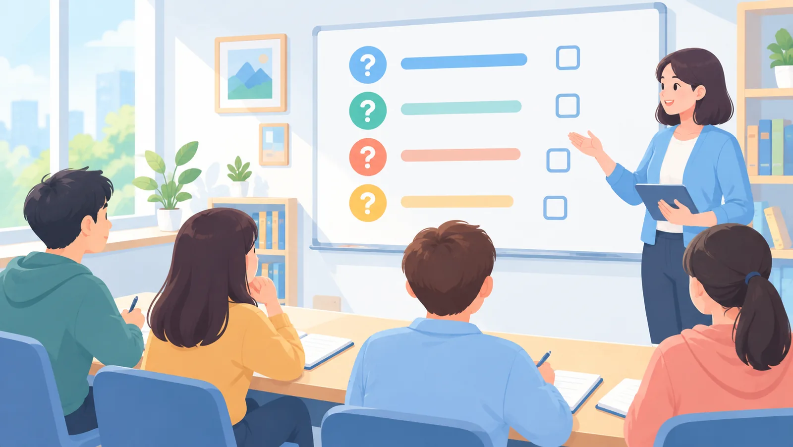 Beginners reading questions on a whiteboard in a classroom