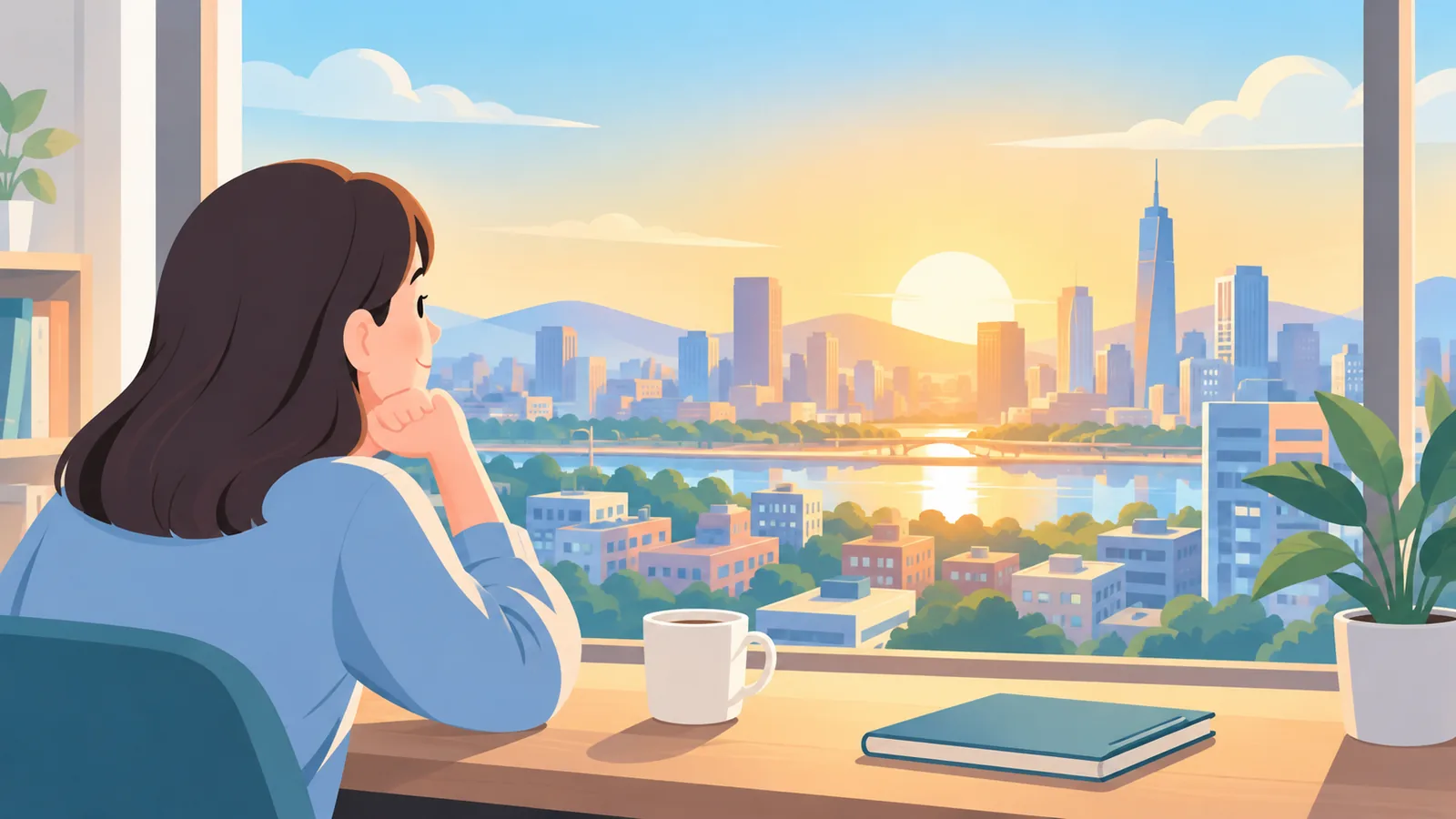 Sunrise over a city skyline seen from a window