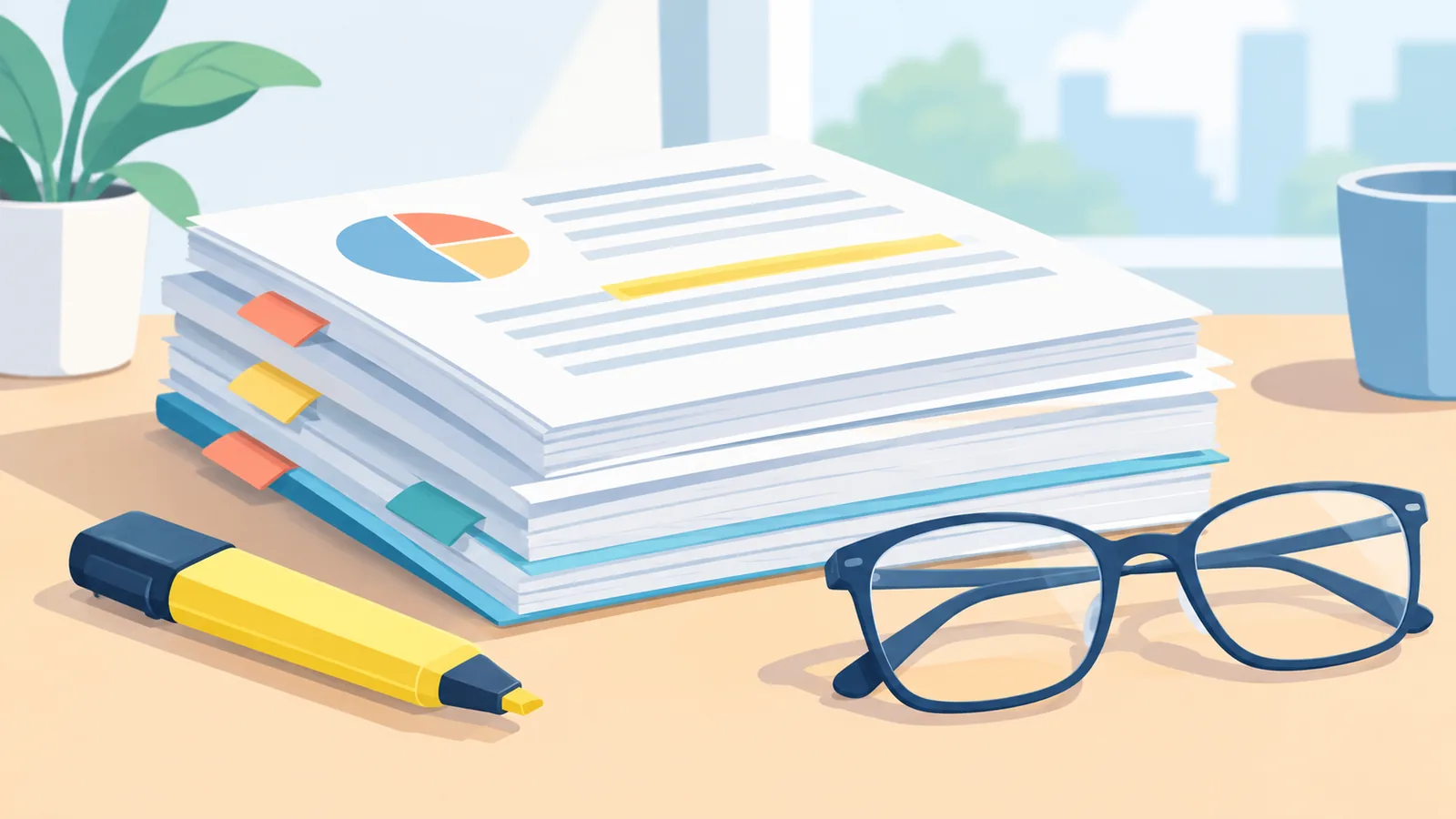 Stack of reference documents with a highlighter on a desk