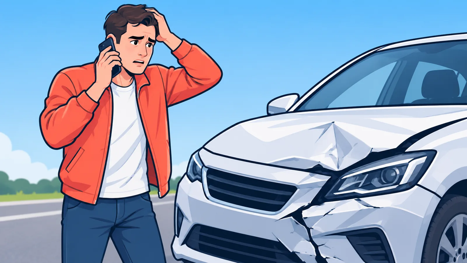 Driver on the phone beside a damaged car after a crash