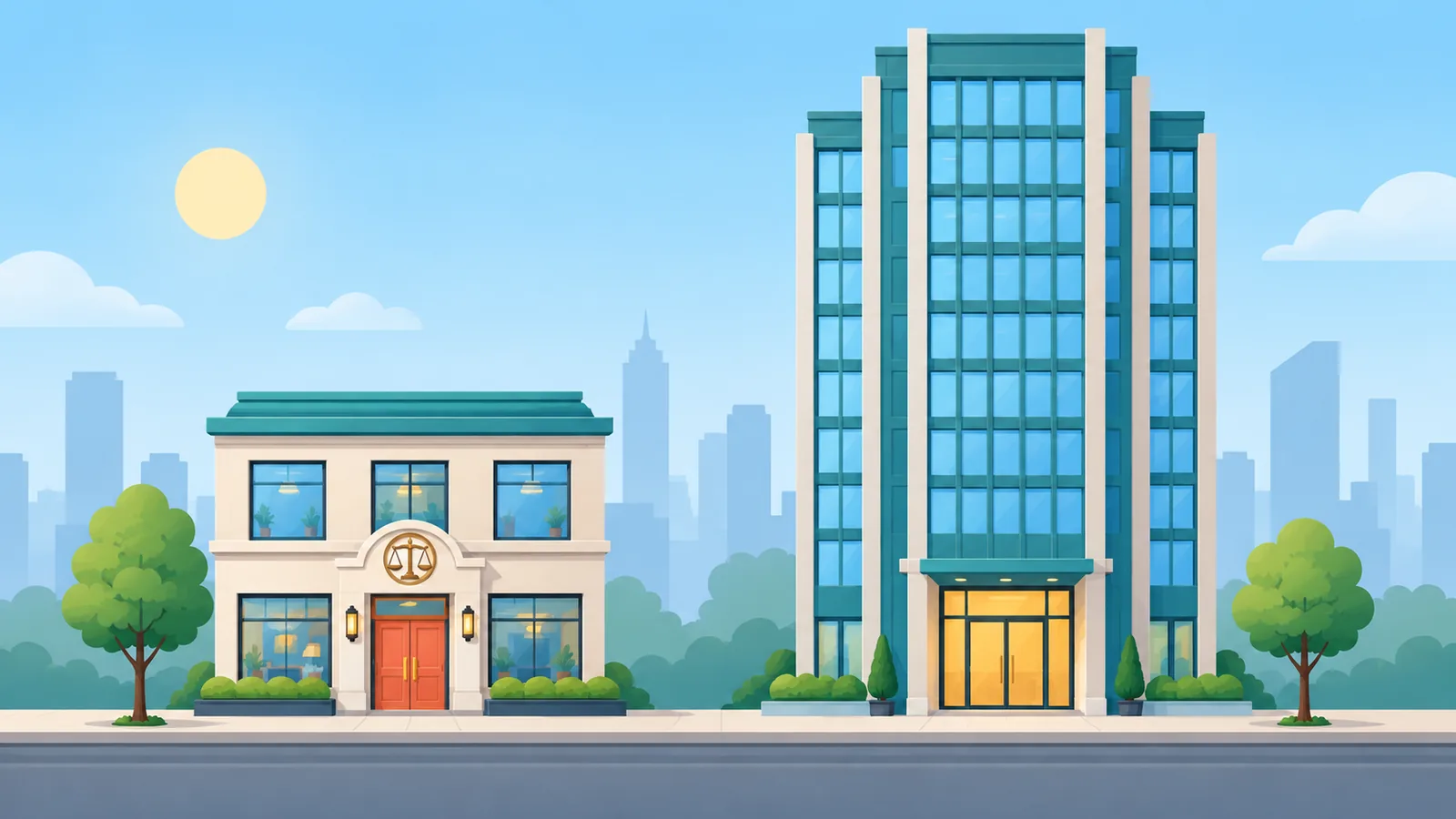 Small local law office next to a large downtown firm