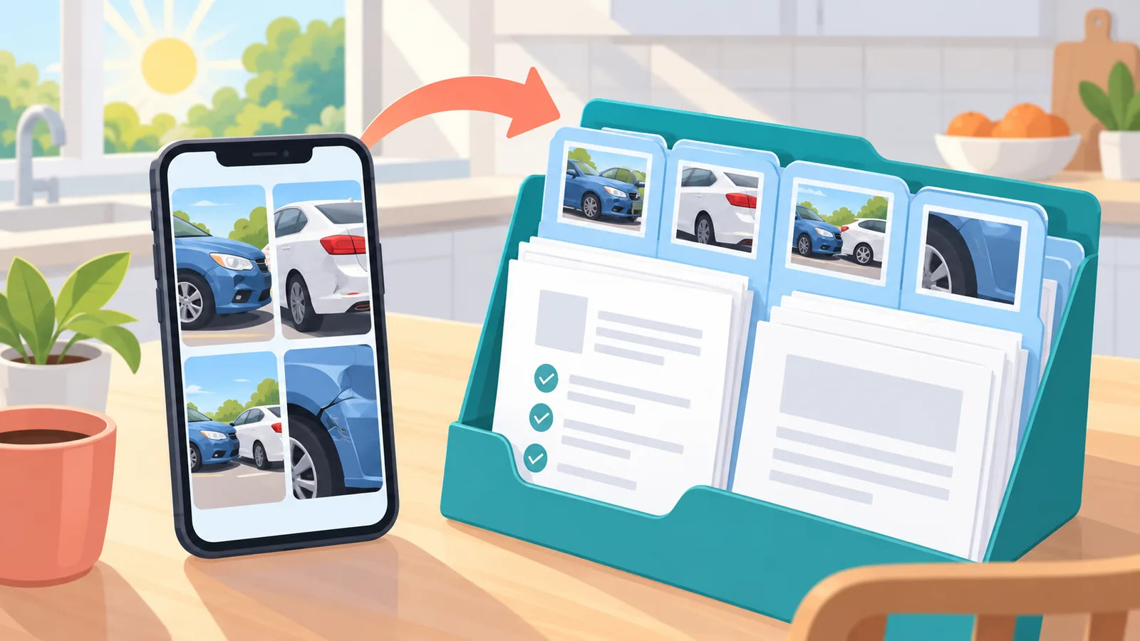 Documents and photos organized before calling a lawyer