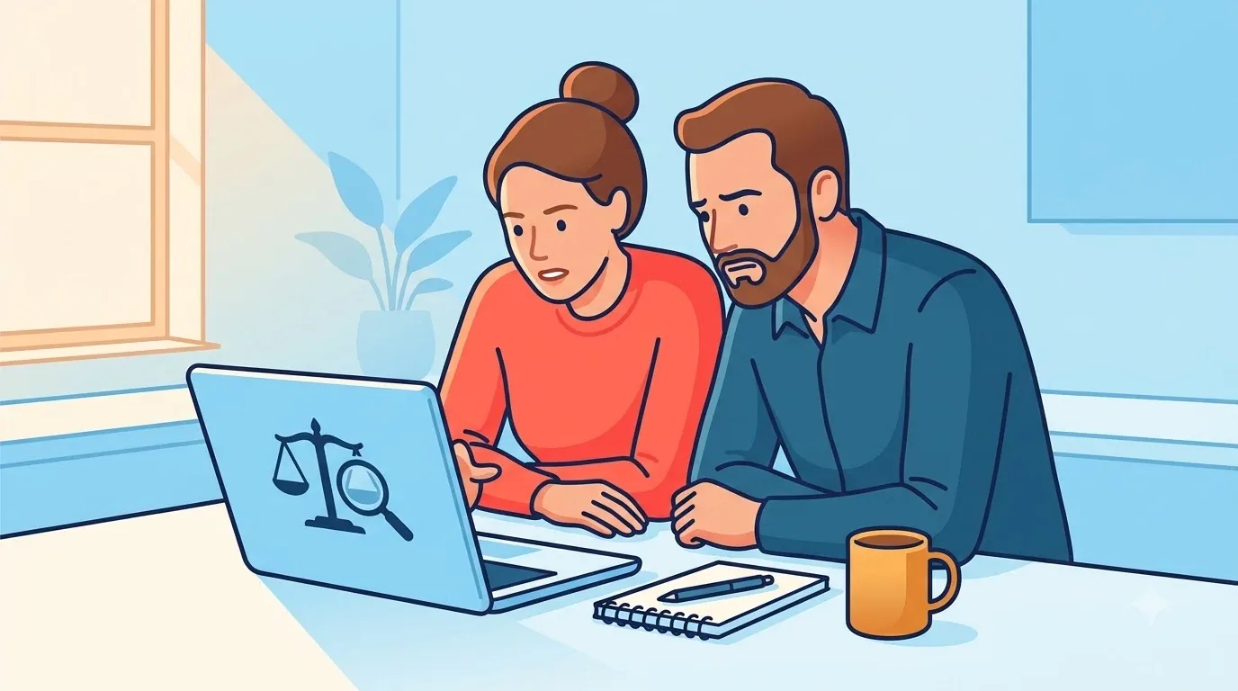 Couple searching online for a local wills attorney at a kitchen table