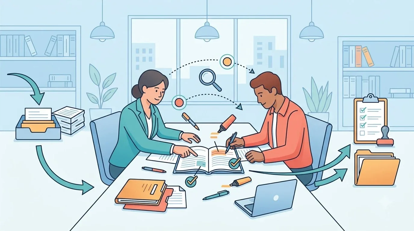 Two professionals reviewing documents together in a law office